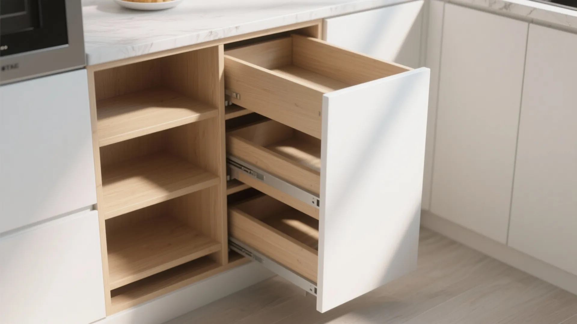 Kitchen cabinet with open wooden pullout drawers for smart storage solution in modern home design