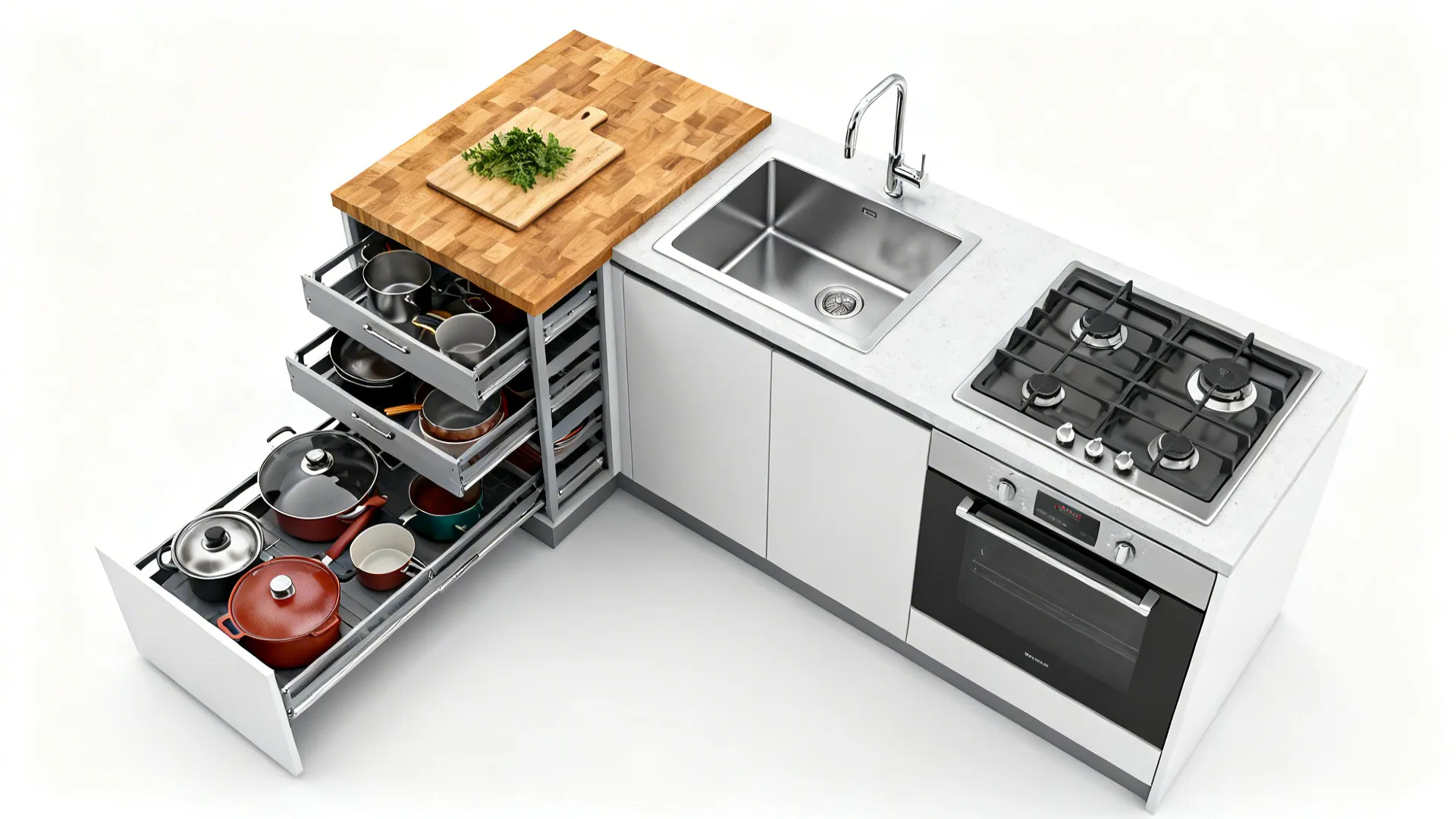 Top-down view of an L-kitchen corner with a blind pull-out extended and a butcher-block prep nook.