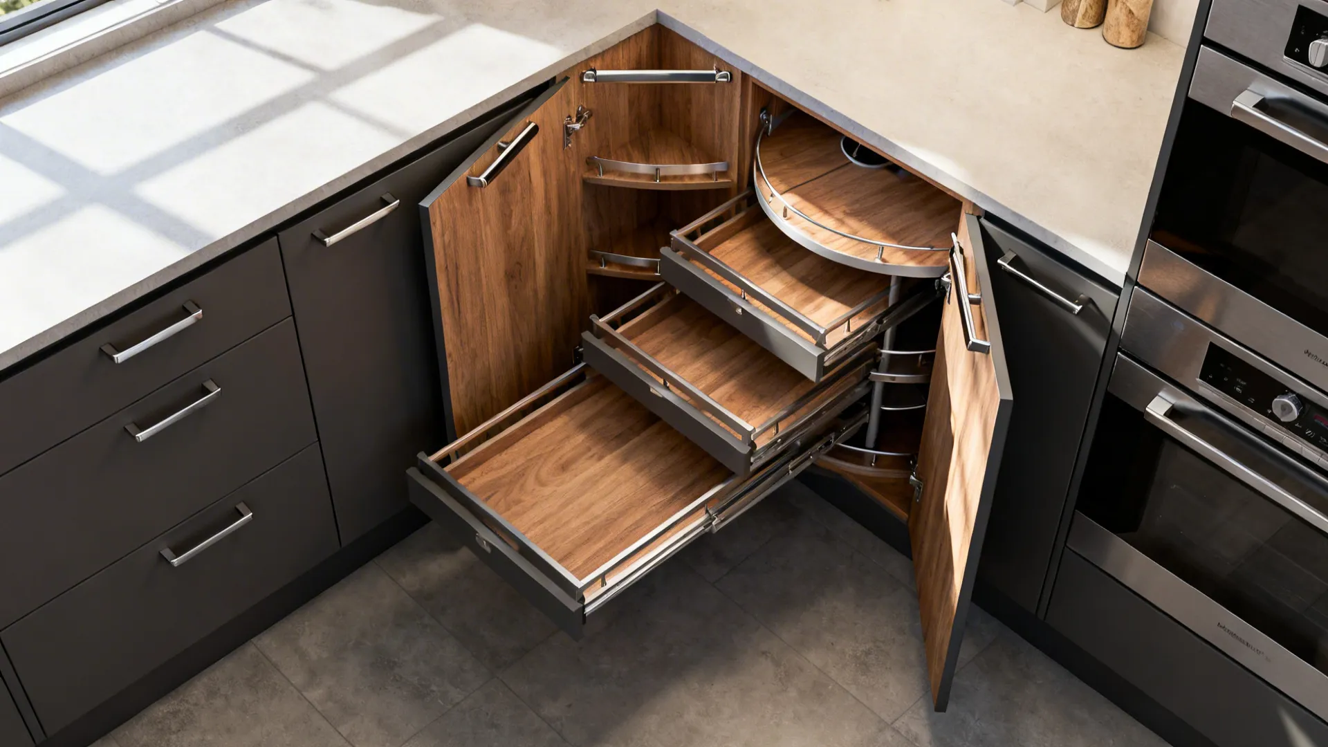 Top-down view of a blind-corner pull-out extended and a diagonal lazy susan showing efficient corner access.