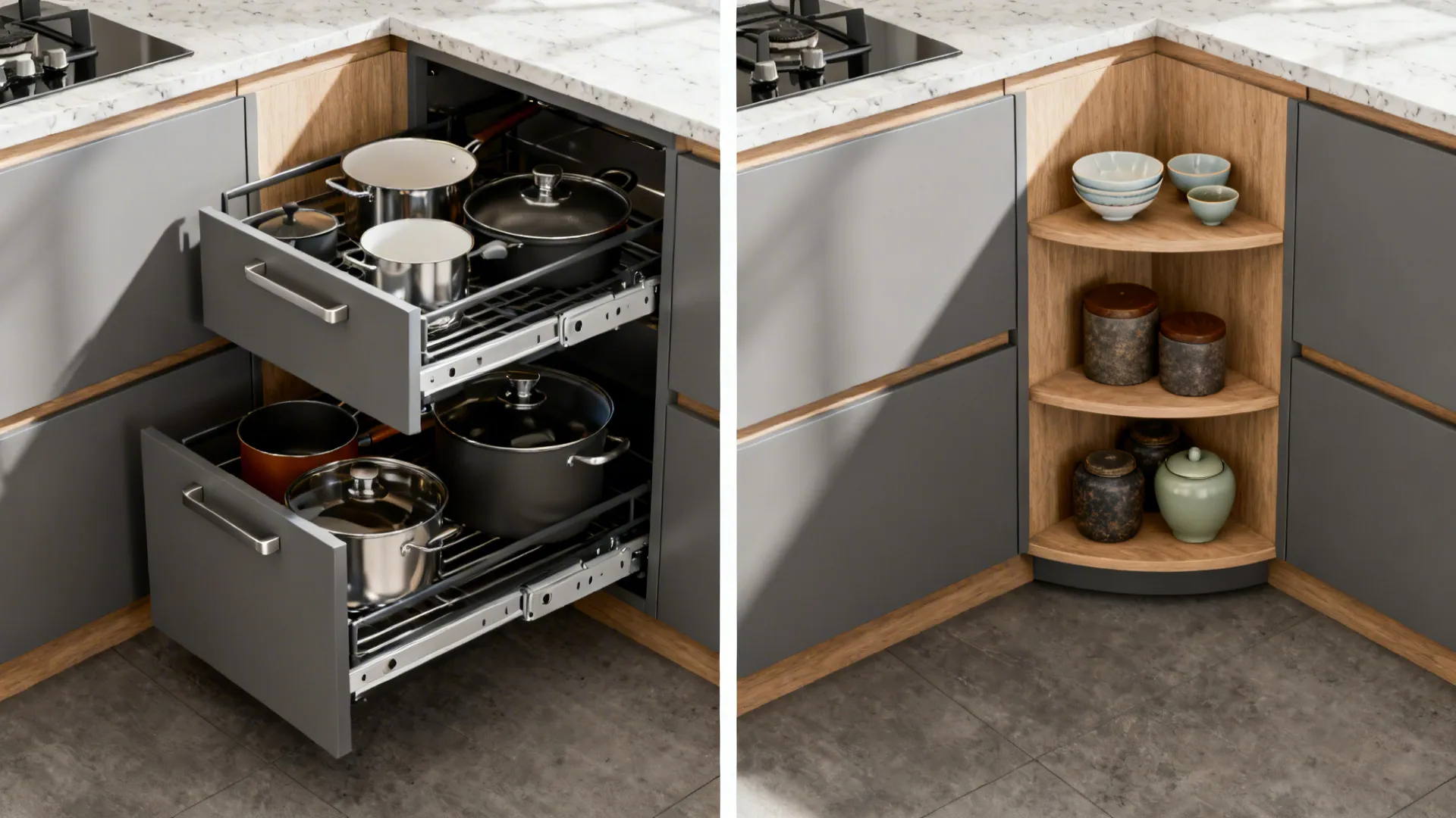 Corner solutions: blind-corner pull-outs vs. open shelf turn