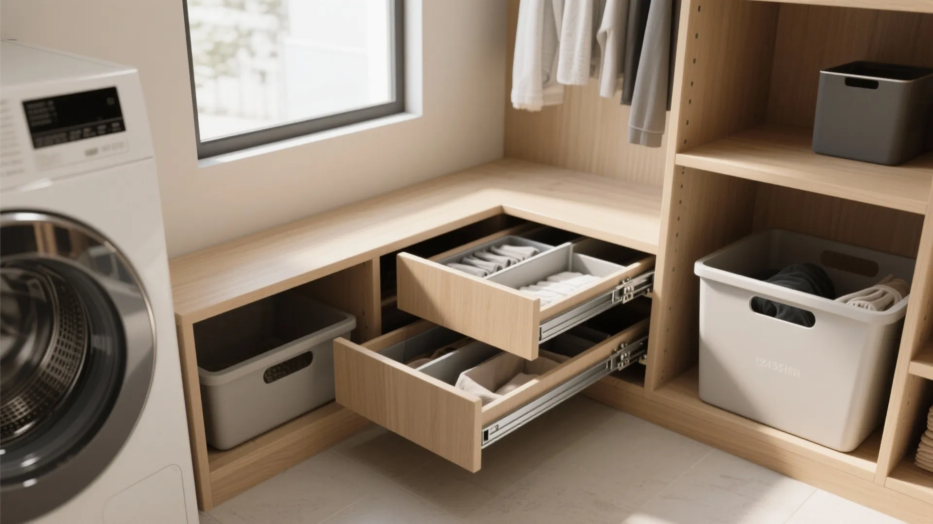 Modern laundry room featuring wooden corner cabinets with pull out drawers and a washing machine
