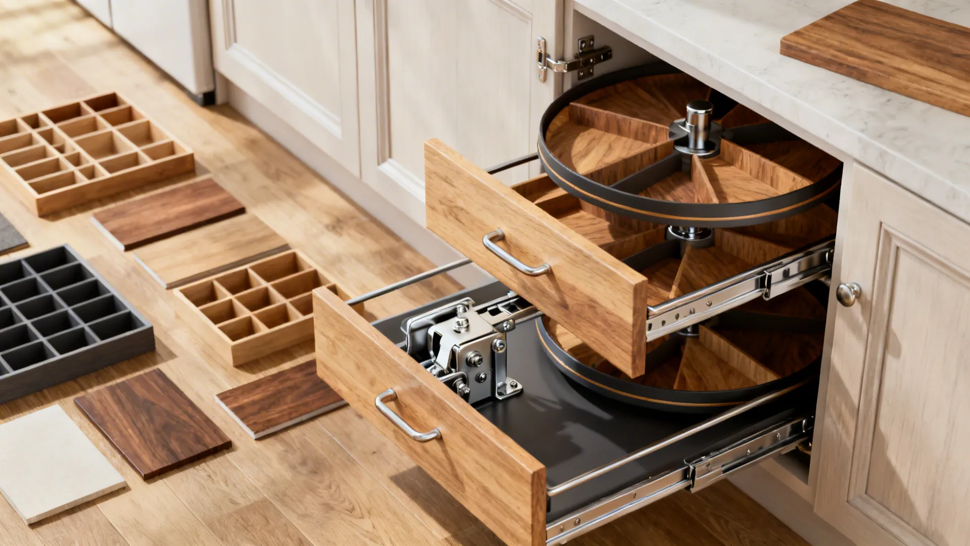 Corner pull-out mechanism and rotating carousel hardware with cabinet material samples
