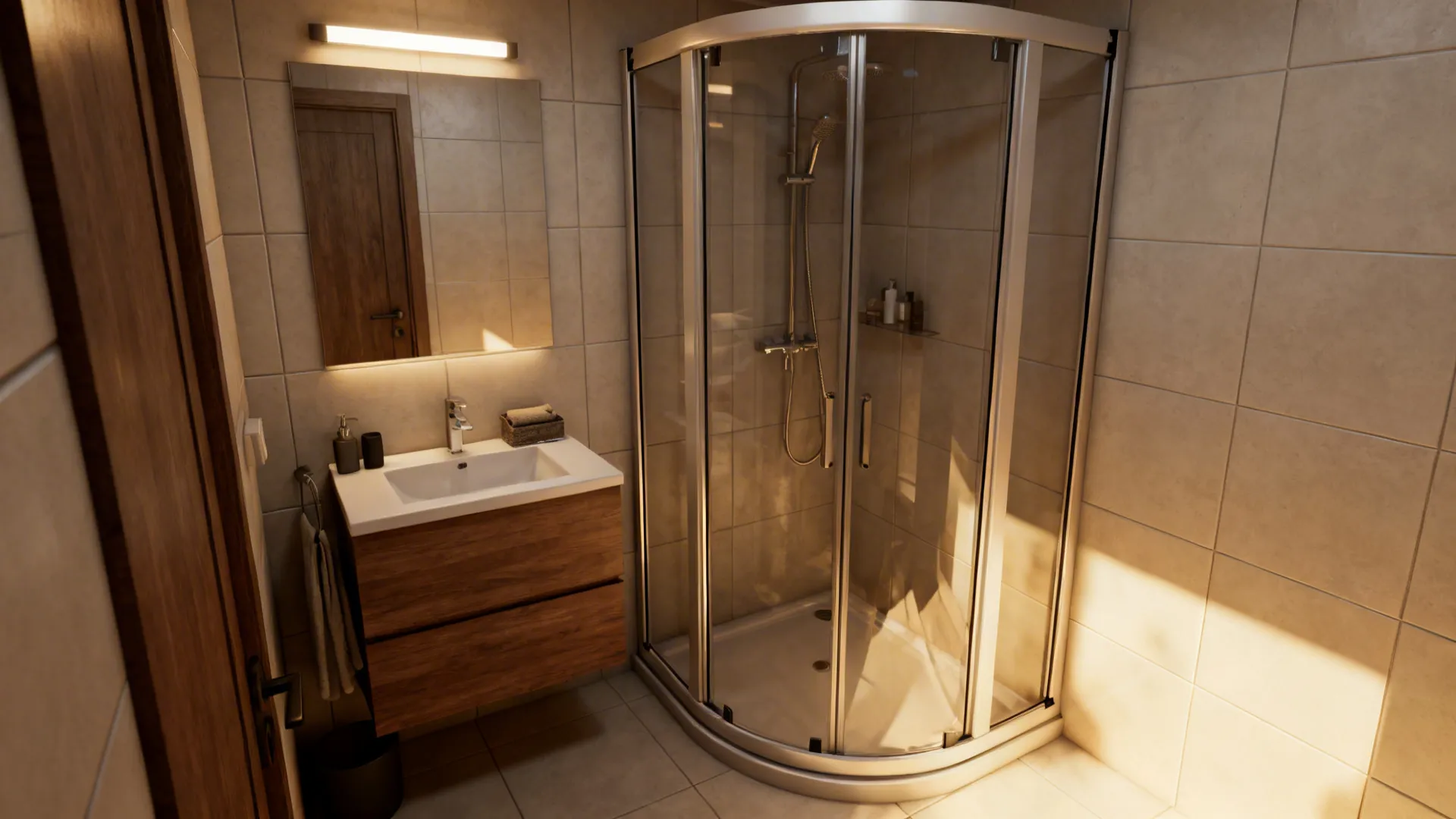 Small bathroom with a corner quadrant shower, curved glass door and compact vanity.