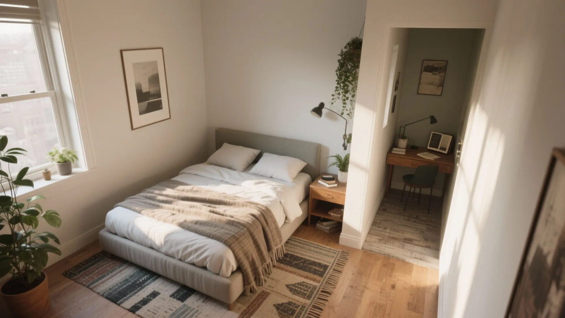 Queen bed placed in the corner of a small bedroom creating a reclaimed walkway and a cozy reading nook.