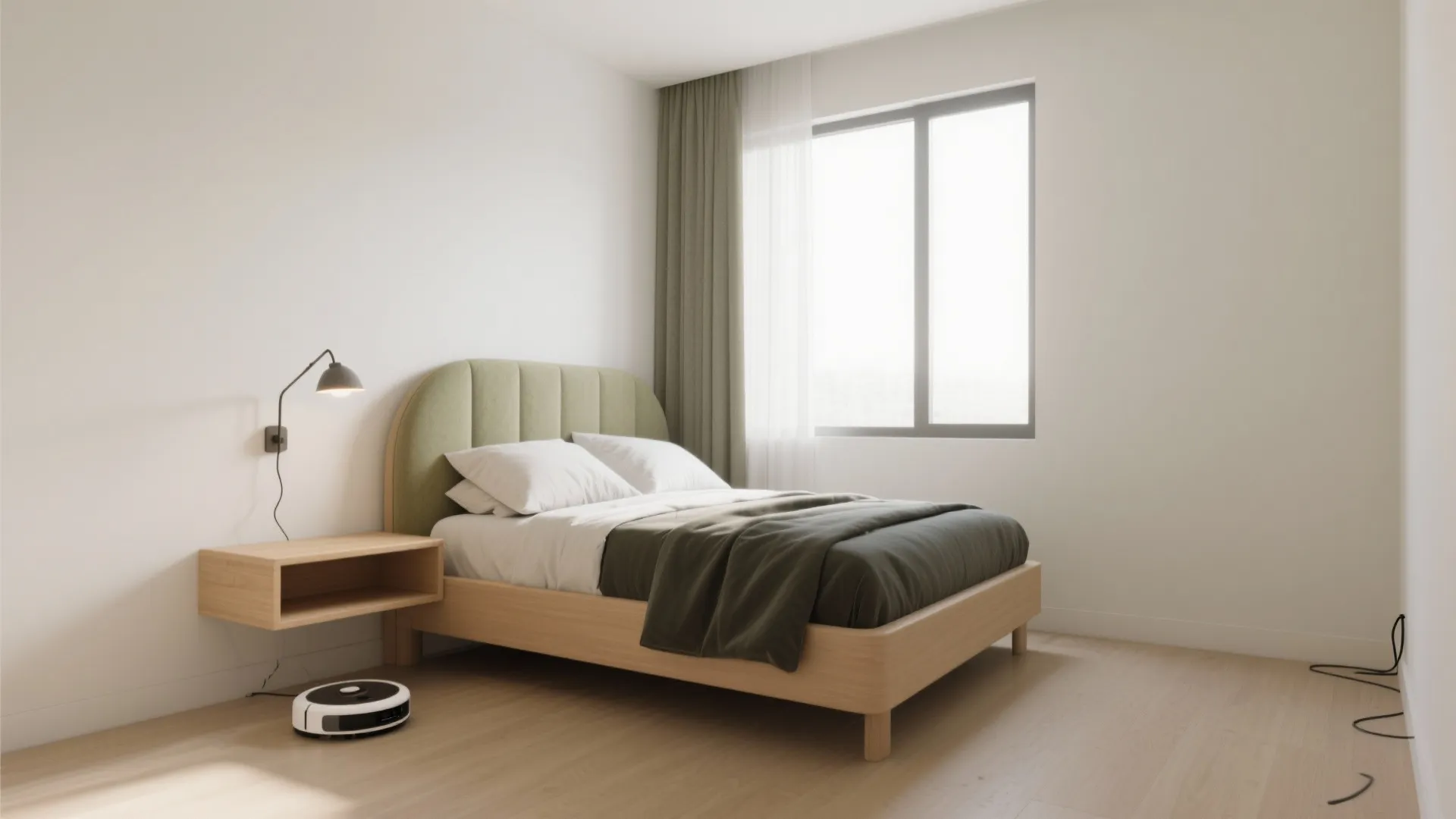 Minimalist bedroom with green headboard bed wooden nightstand wall light window curtains and robot vacuum
