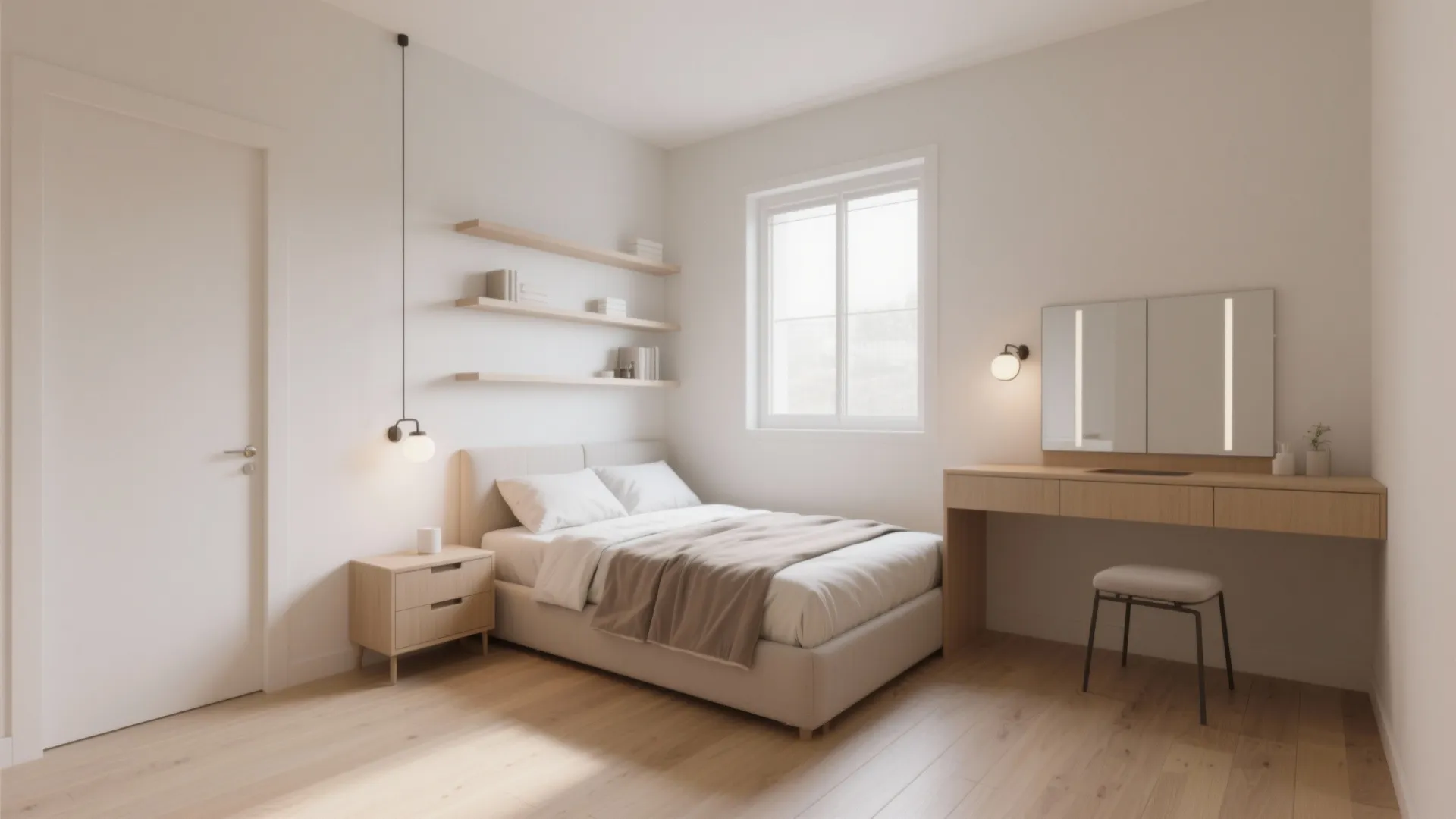 Queen bed anchored in a corner with floating shelves and wall sconces creating open floor space.