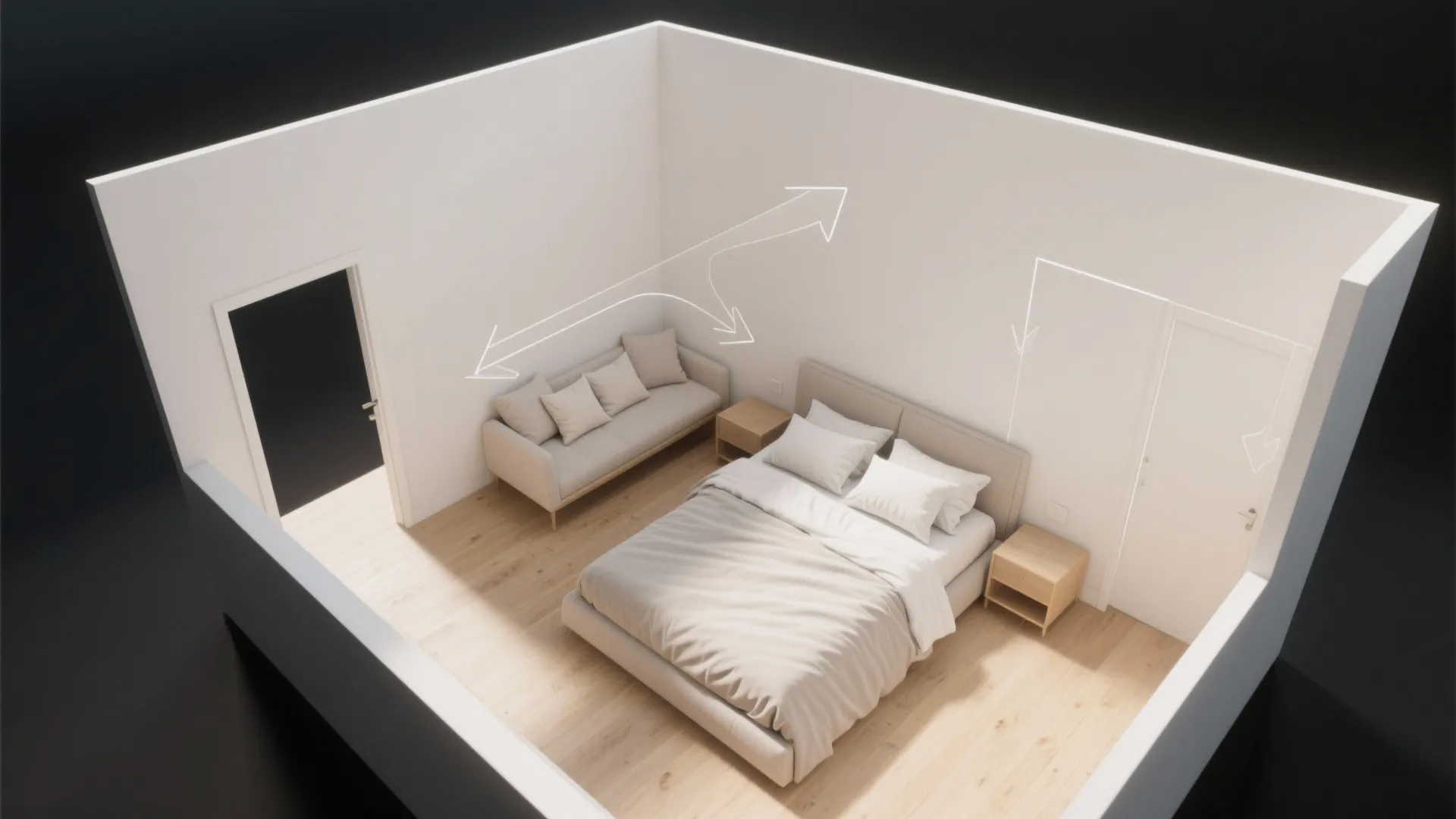 Top-down layout of a small bedroom with a queen bed cornered to open central floor space.