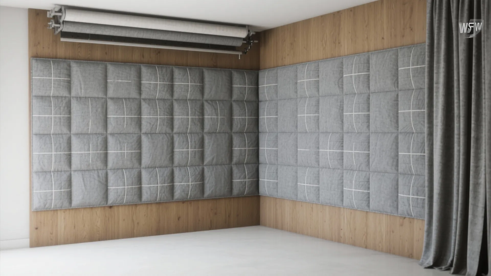 L-shaped corner quilt design wall board spanning two walls with neutral gray flannel and large blocks.