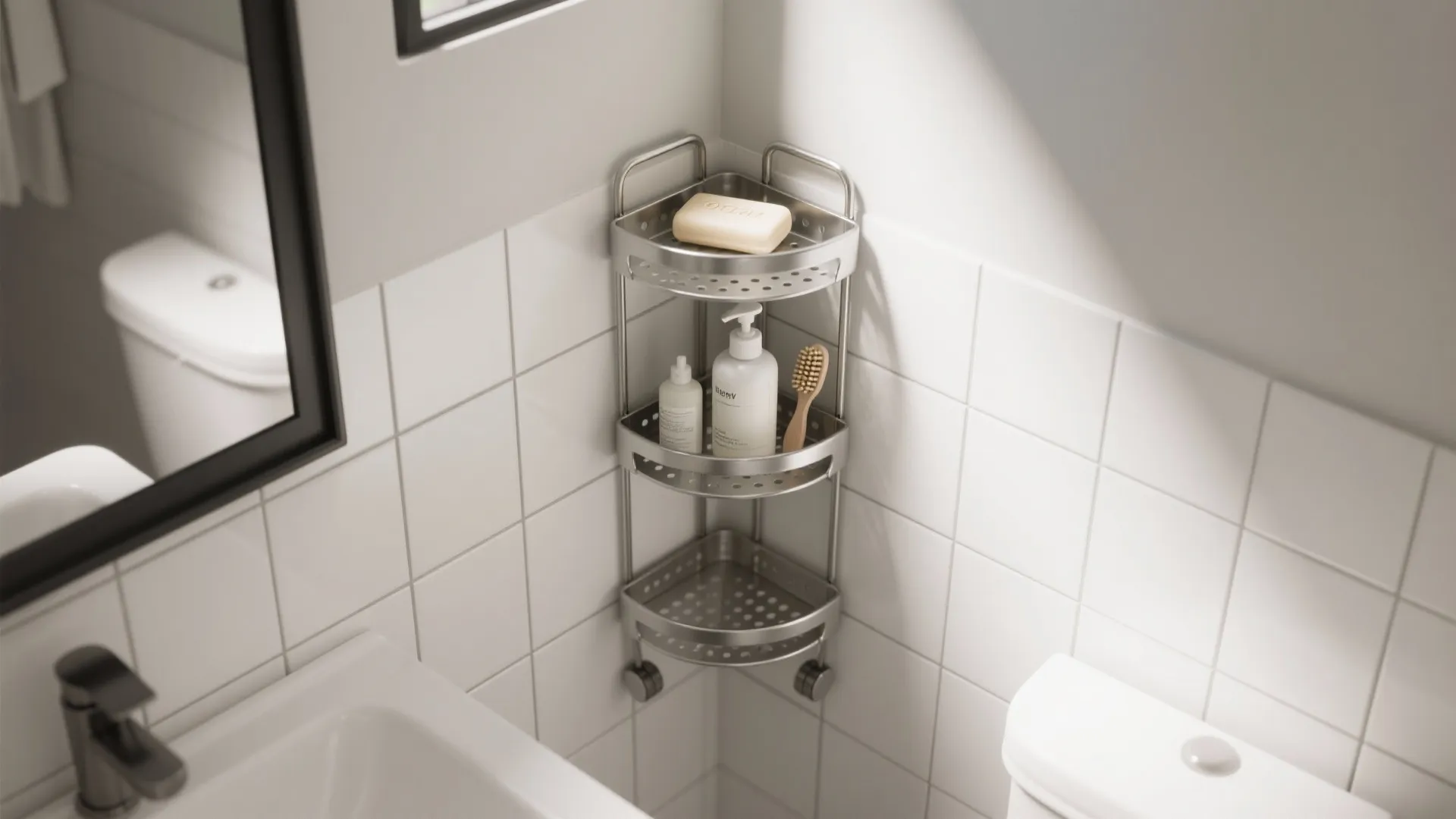 Tiered Corner Rack Near the Vanity