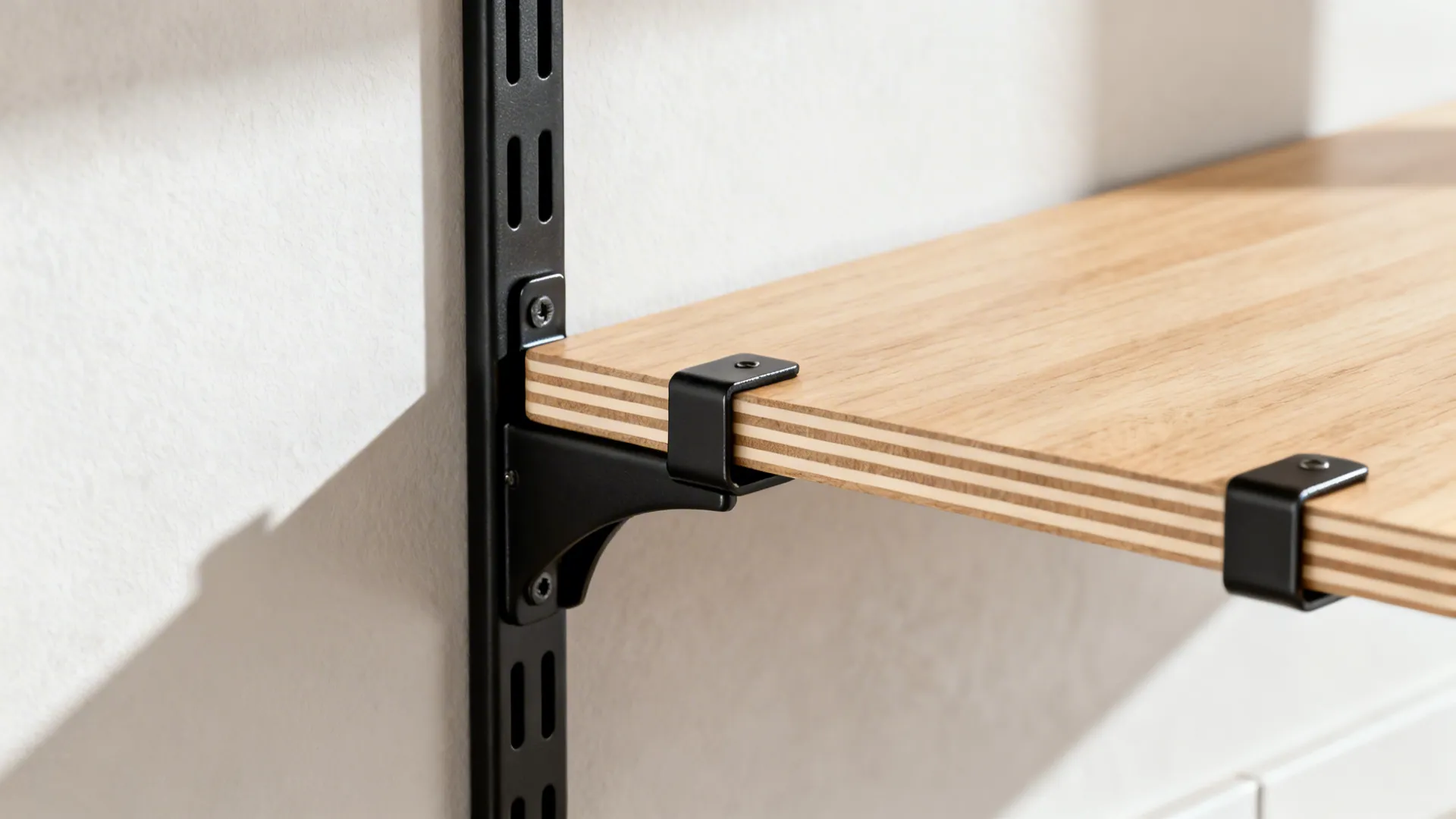 Close-up of L-shaped rack hardware with slotted upright and light wood shelf banding.