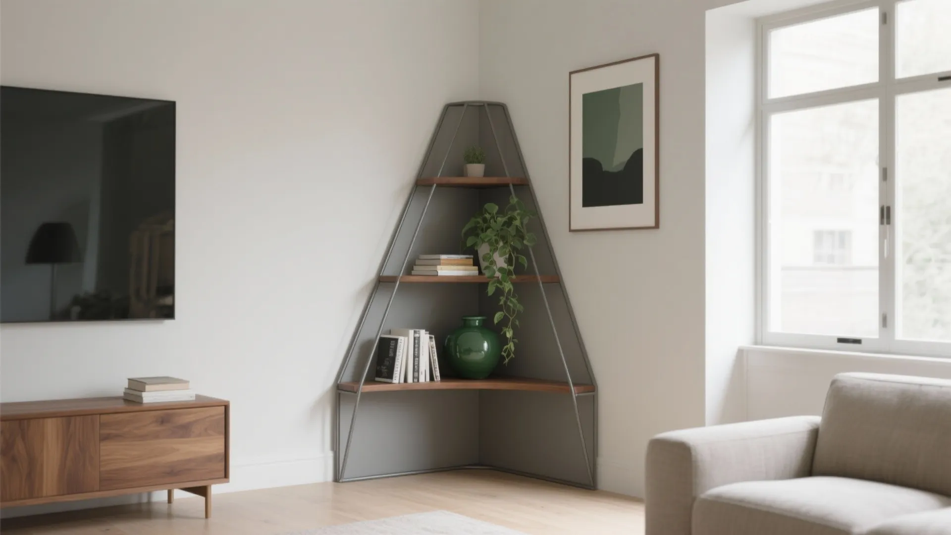 Modern grey corner shelf with wood planks holding green plants and books in living room