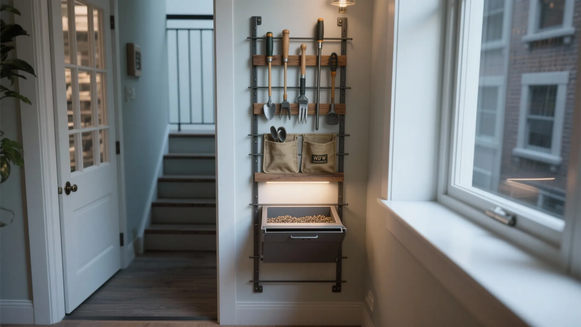 Wall mounted garden tool rack with wooden shelves hanging hand tools and small storage bags