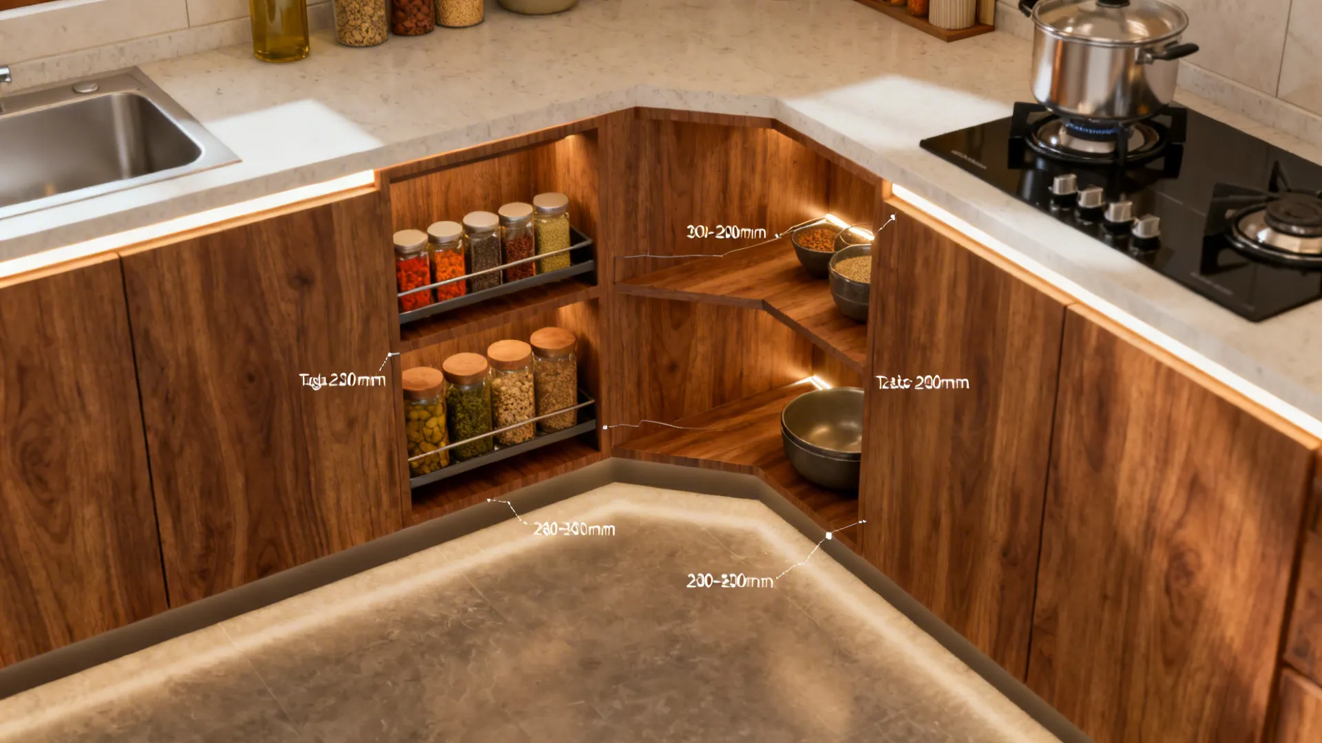 Staggered corner kitchen racks sized for spices and oils with tapered depths and LED lighting.