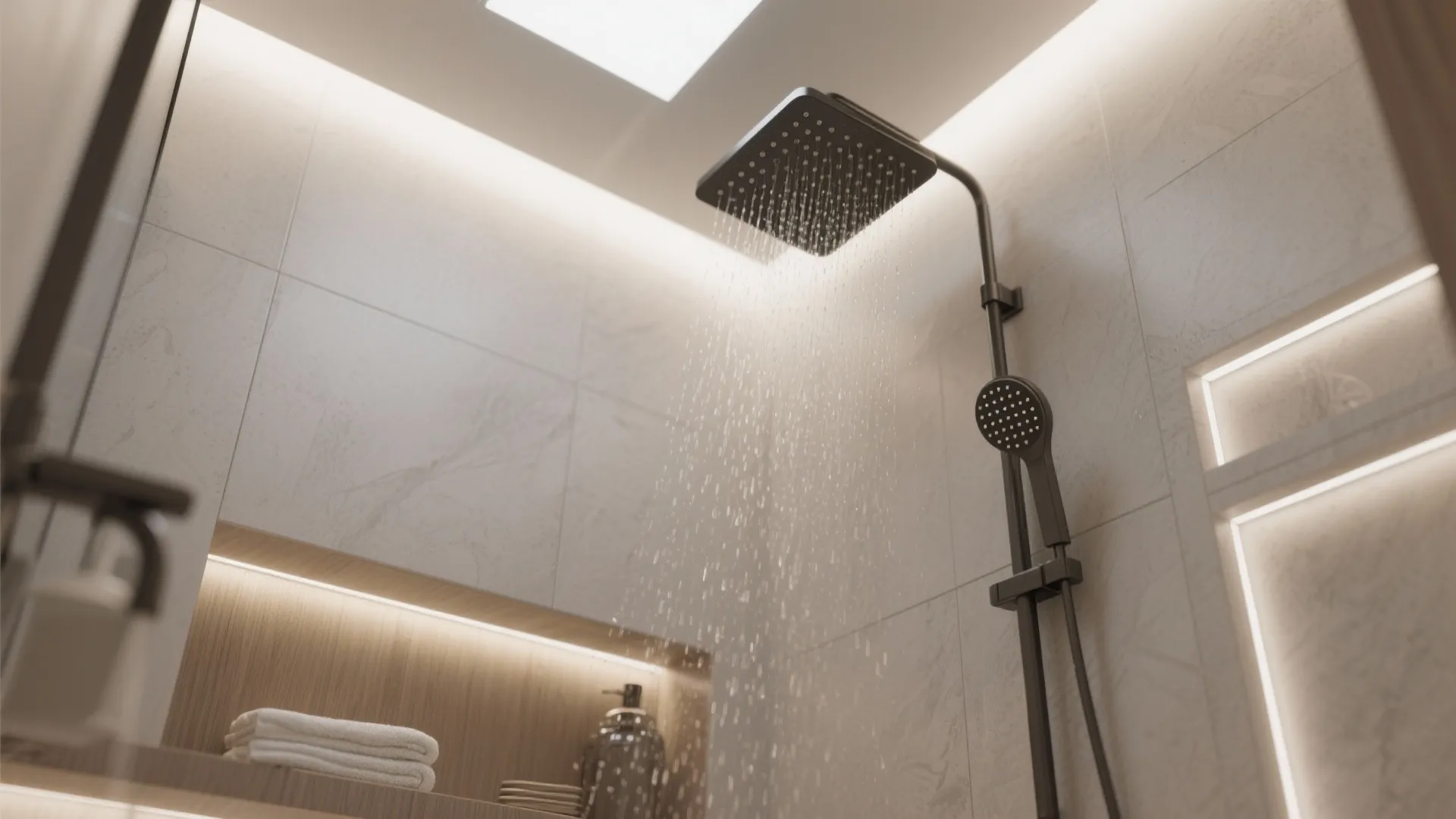 Modern black rain shower head with running water in a bathroom featuring neutral tiled walls
