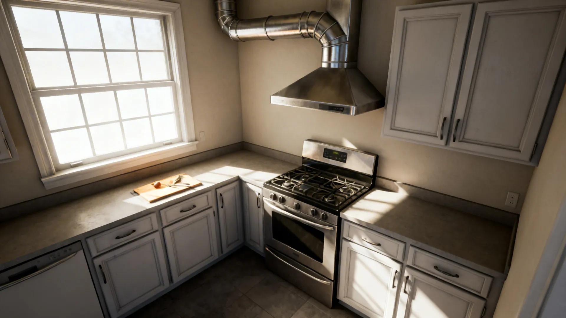 Corner range with a corner hood and a diagonal ducting path keeps the window clear and counters long.