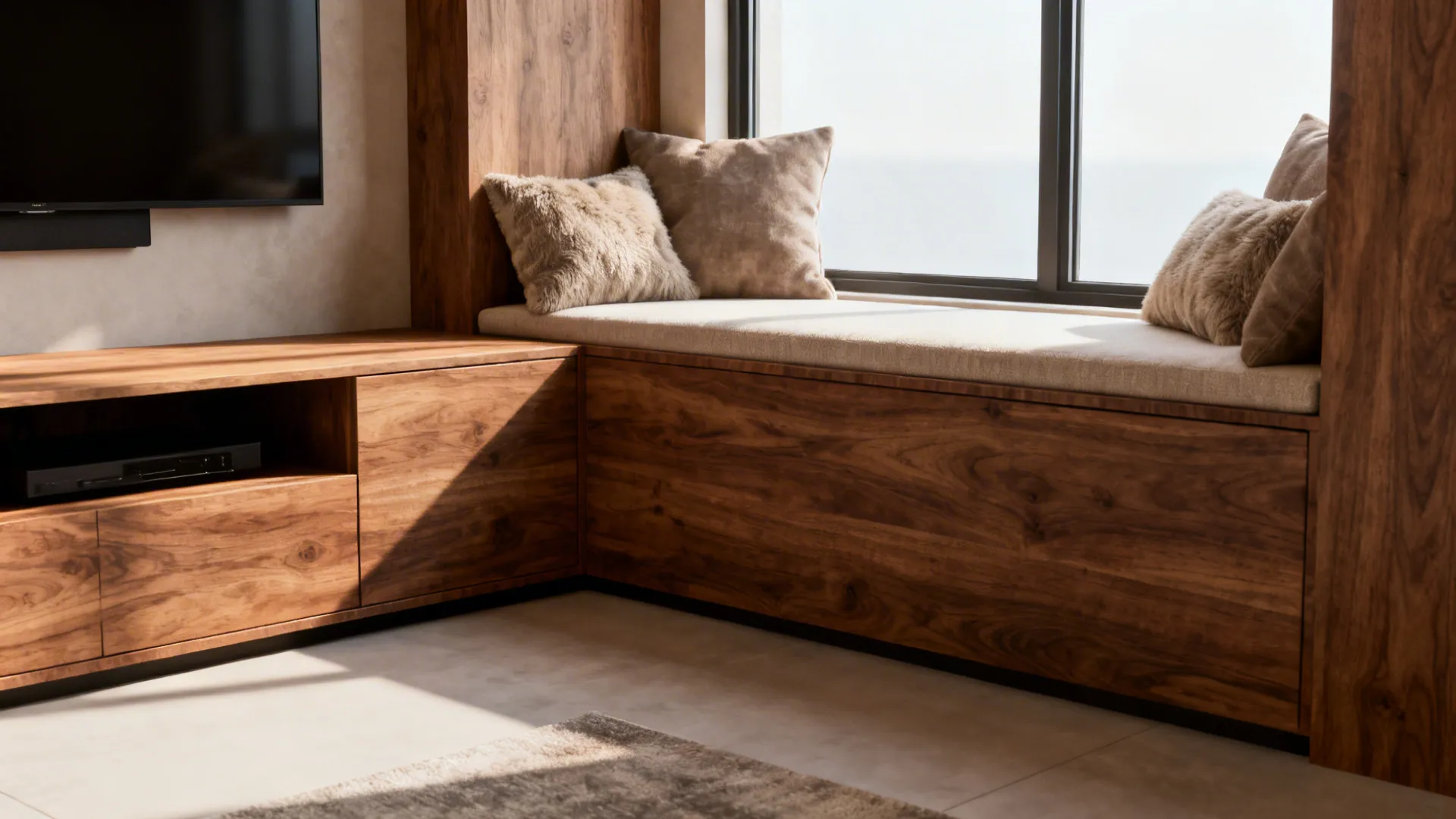 Corner media unit and window-seat reading bay freeing central floor space