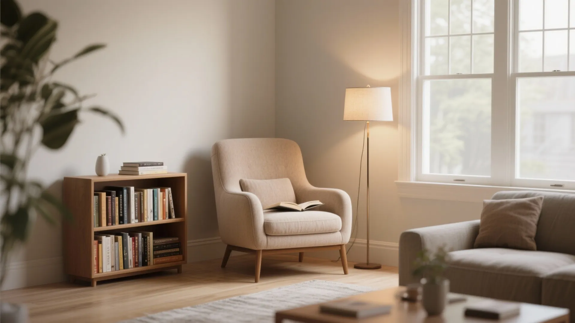 Cozy reading nook featuring a beige armchair small wooden bookshelf tall floor lamp and window