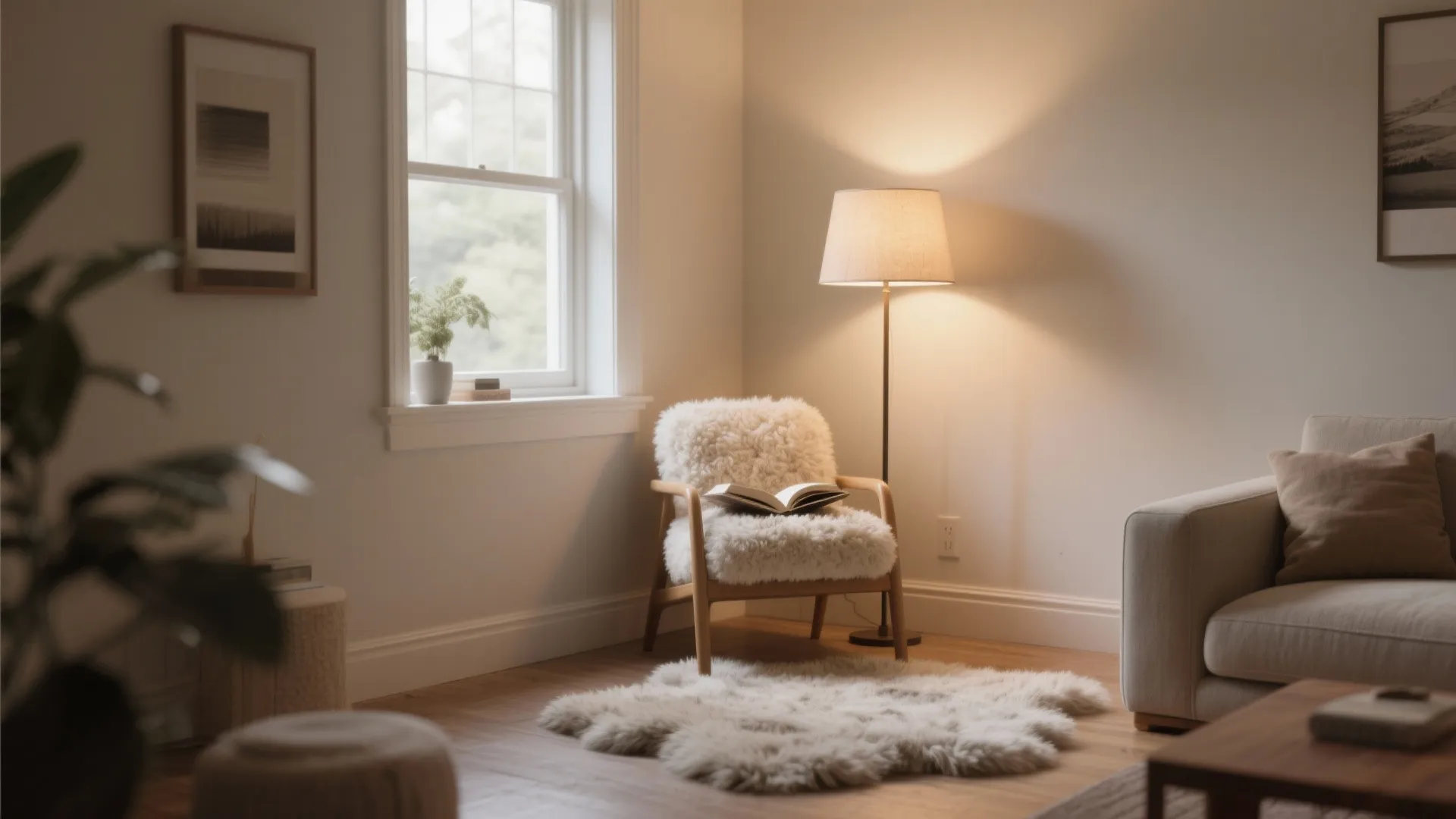 Cozy reading corner with white fuzzy chair floor light book window rug and wooden floor