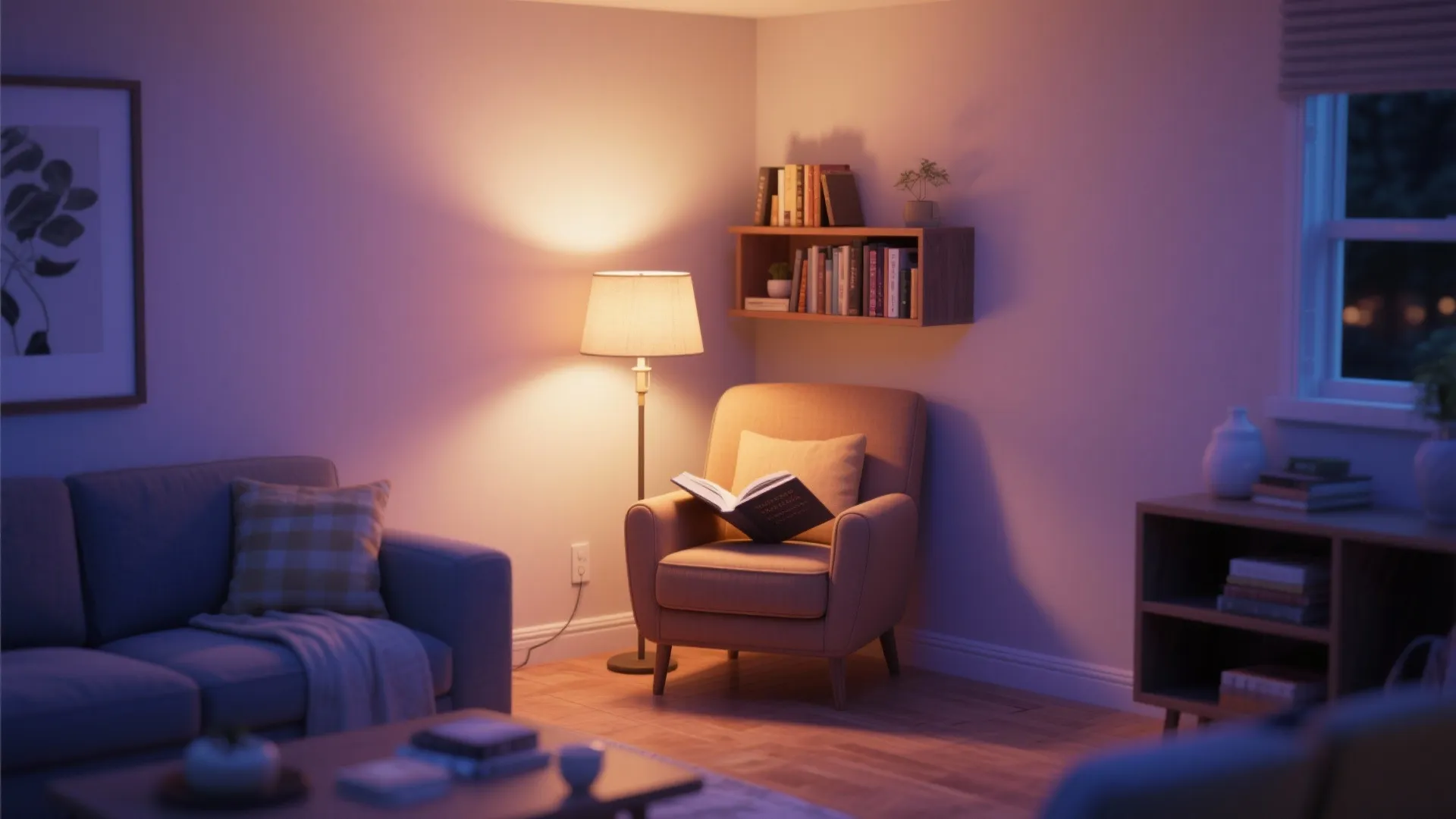 Cozy reading corner with a comfortable armchair floor lamp wall shelf and warm yellow lighting