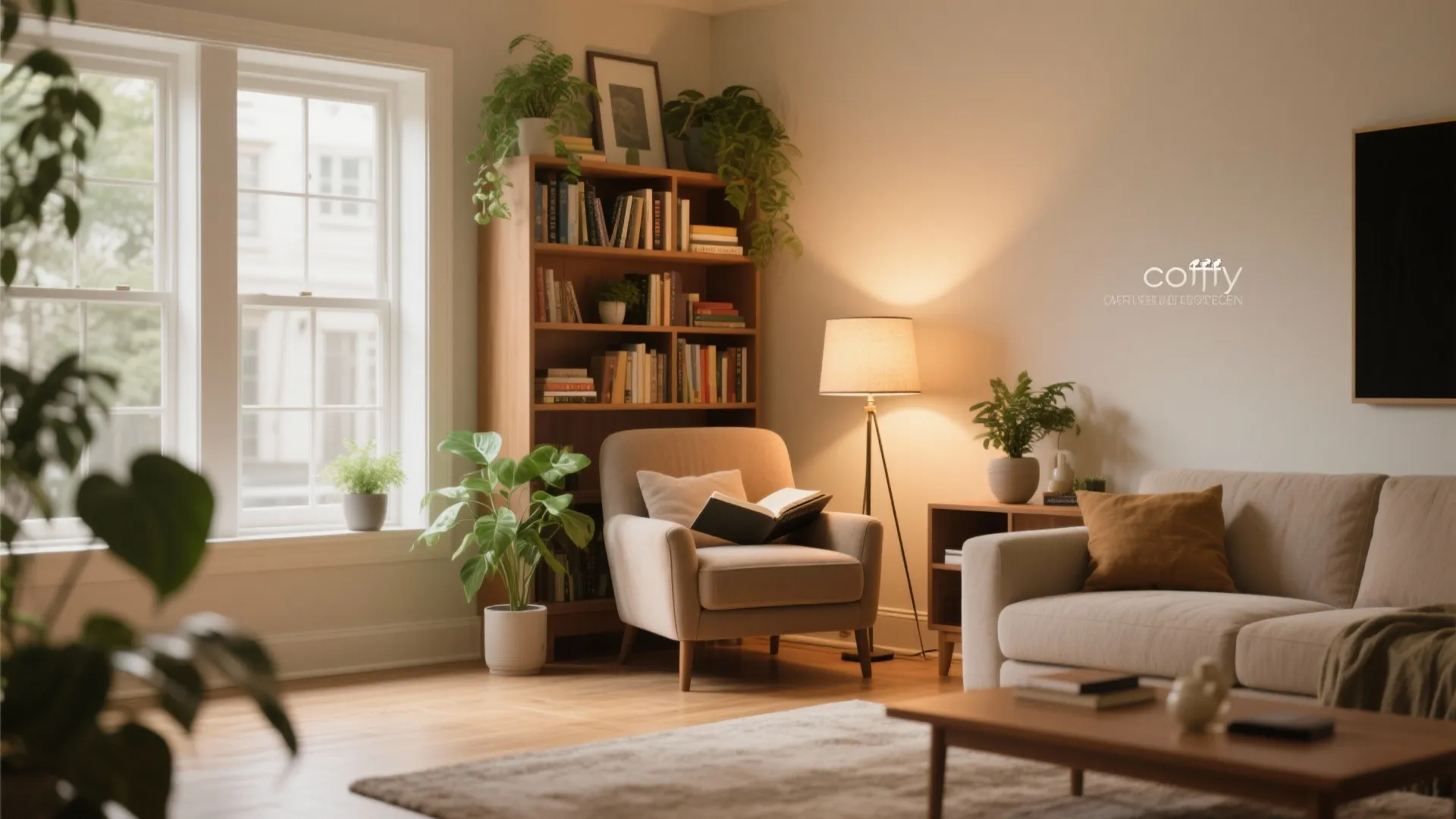 Cozy reading corner with armchair wooden bookshelf floor light green plants and bright window view