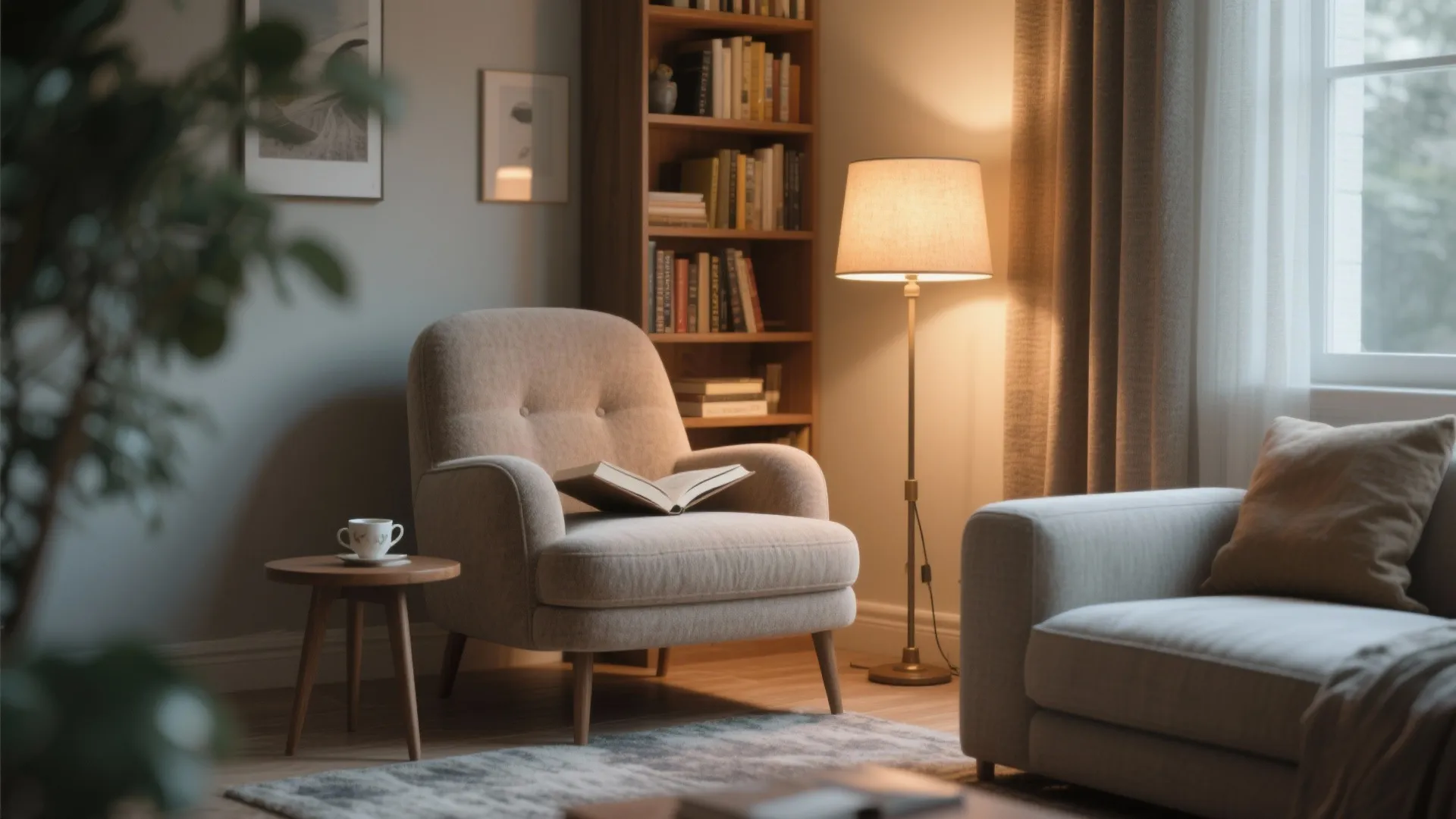 Cozy reading corner with armchair wooden bookshelf floor lamp side table and book on seat