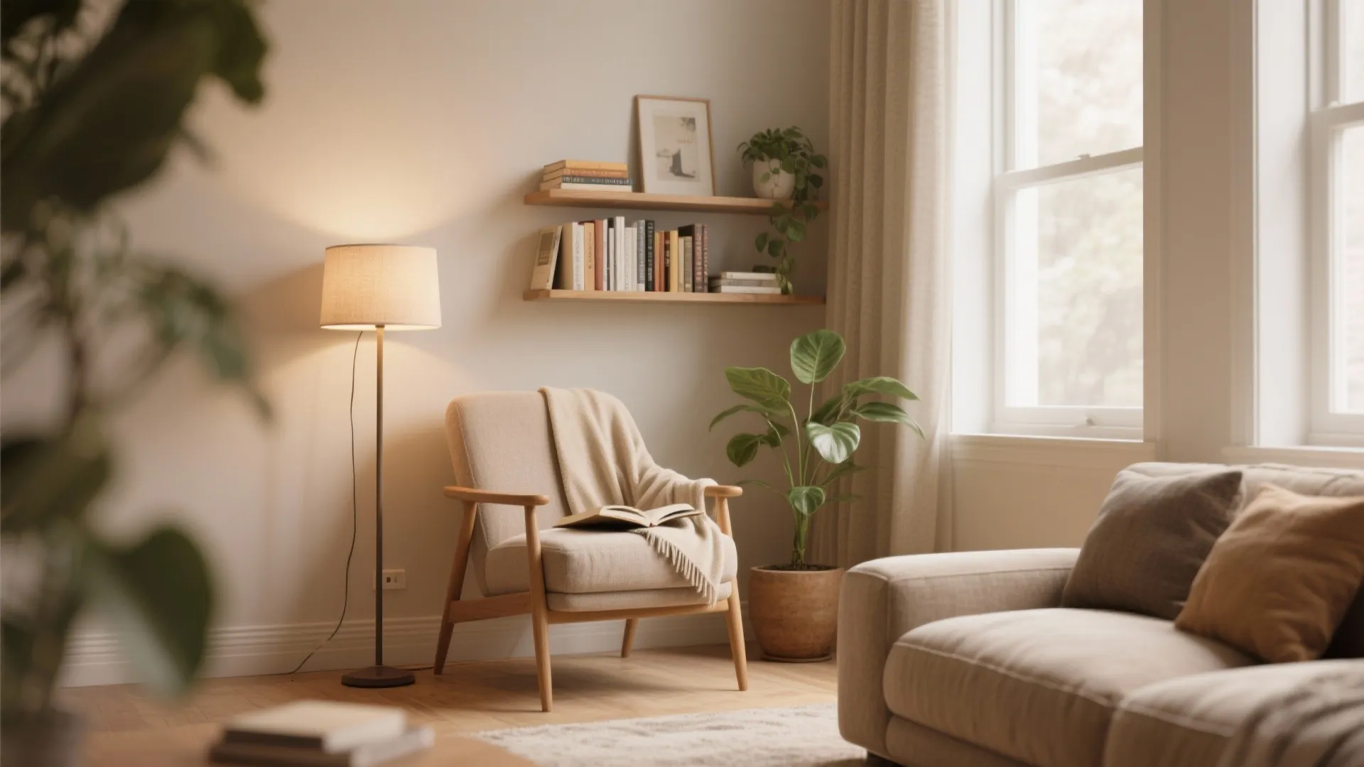 Cozy reading corner with beige armchair floor light wooden shelves green plant and natural window light