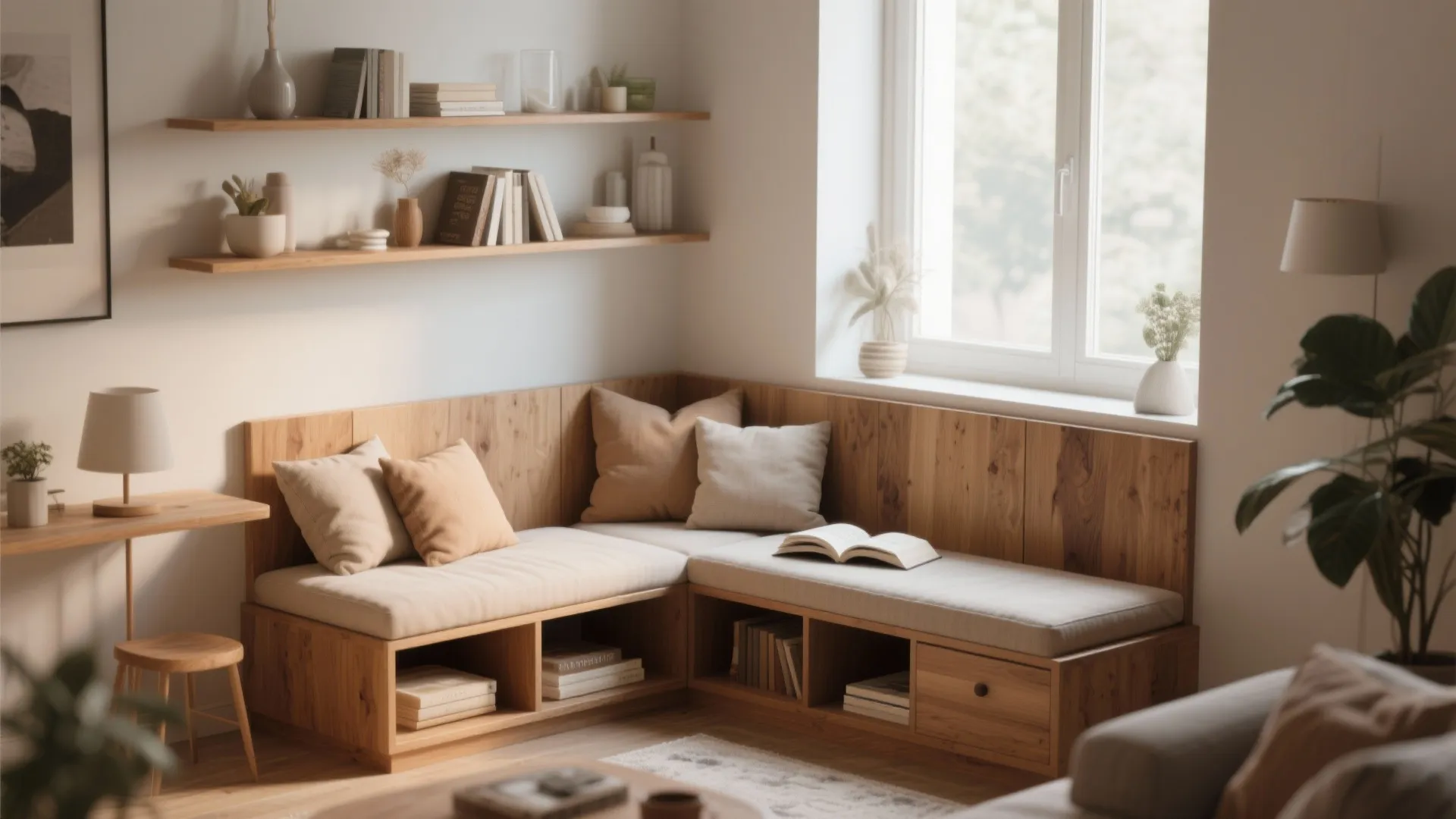 Cozy corner reading area with L-shaped wooden sofa pillows wall shelves and bright natural light