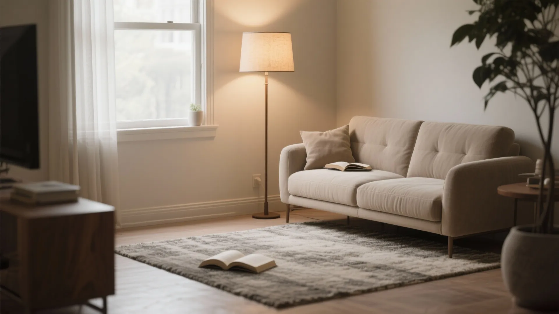Cozy living room corner with beige sofa floor light rug and books near a bright window
