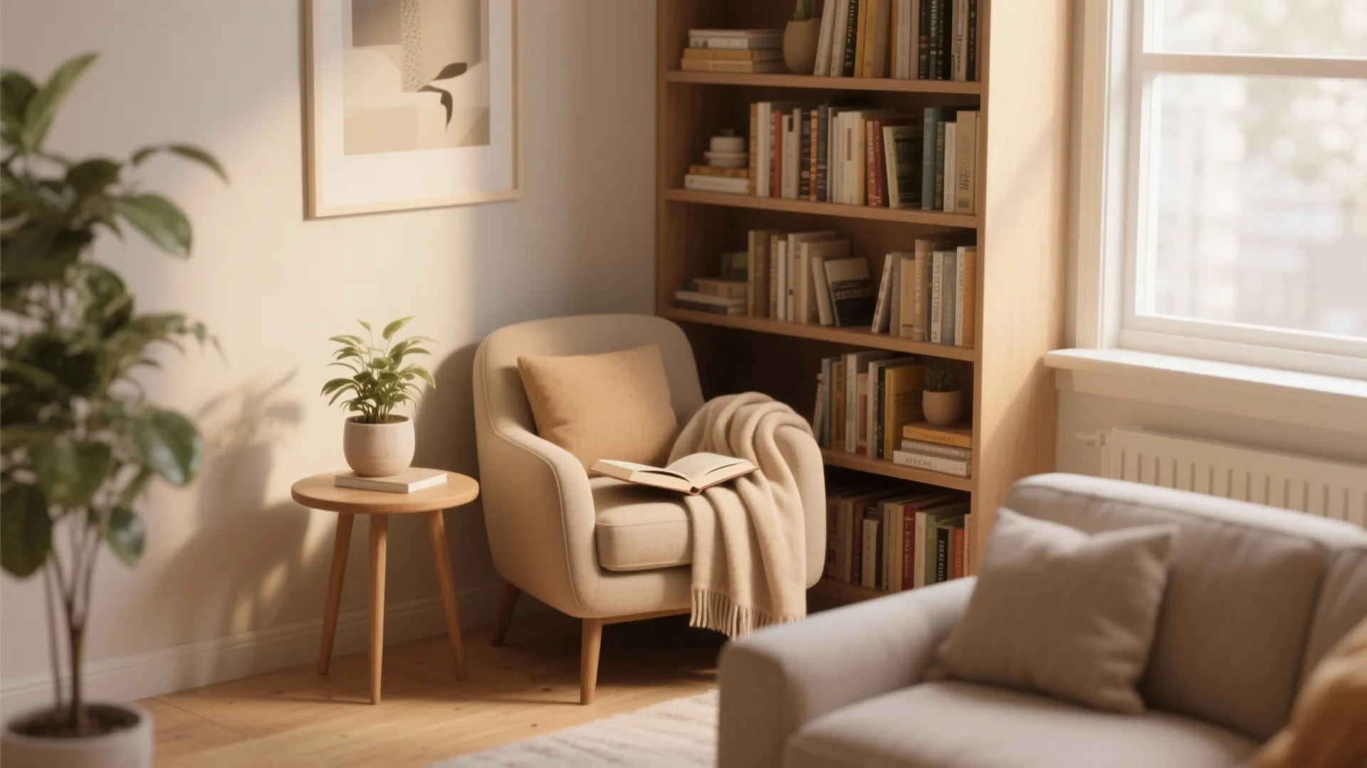 Cozy reading corner with beige armchair blanket open book side table plant and wooden shelf