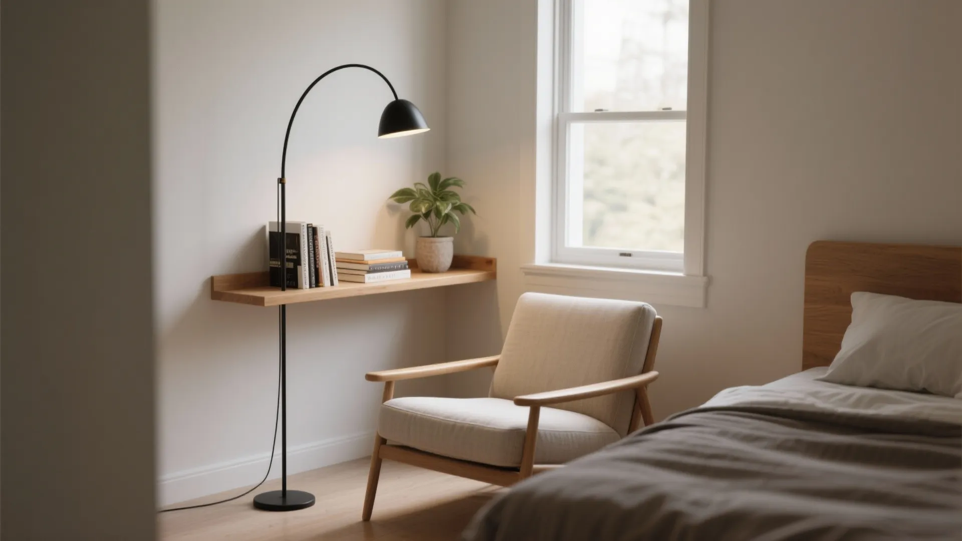 Diagonal slim armchair in a bedroom corner with a narrow floor lamp and floating shelf