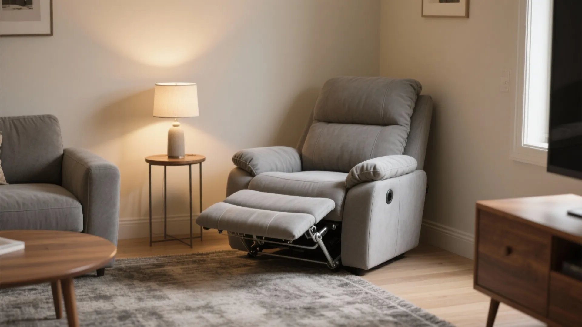 Compact corner recliner with short footprint in a small living room corner, slightly reclined
