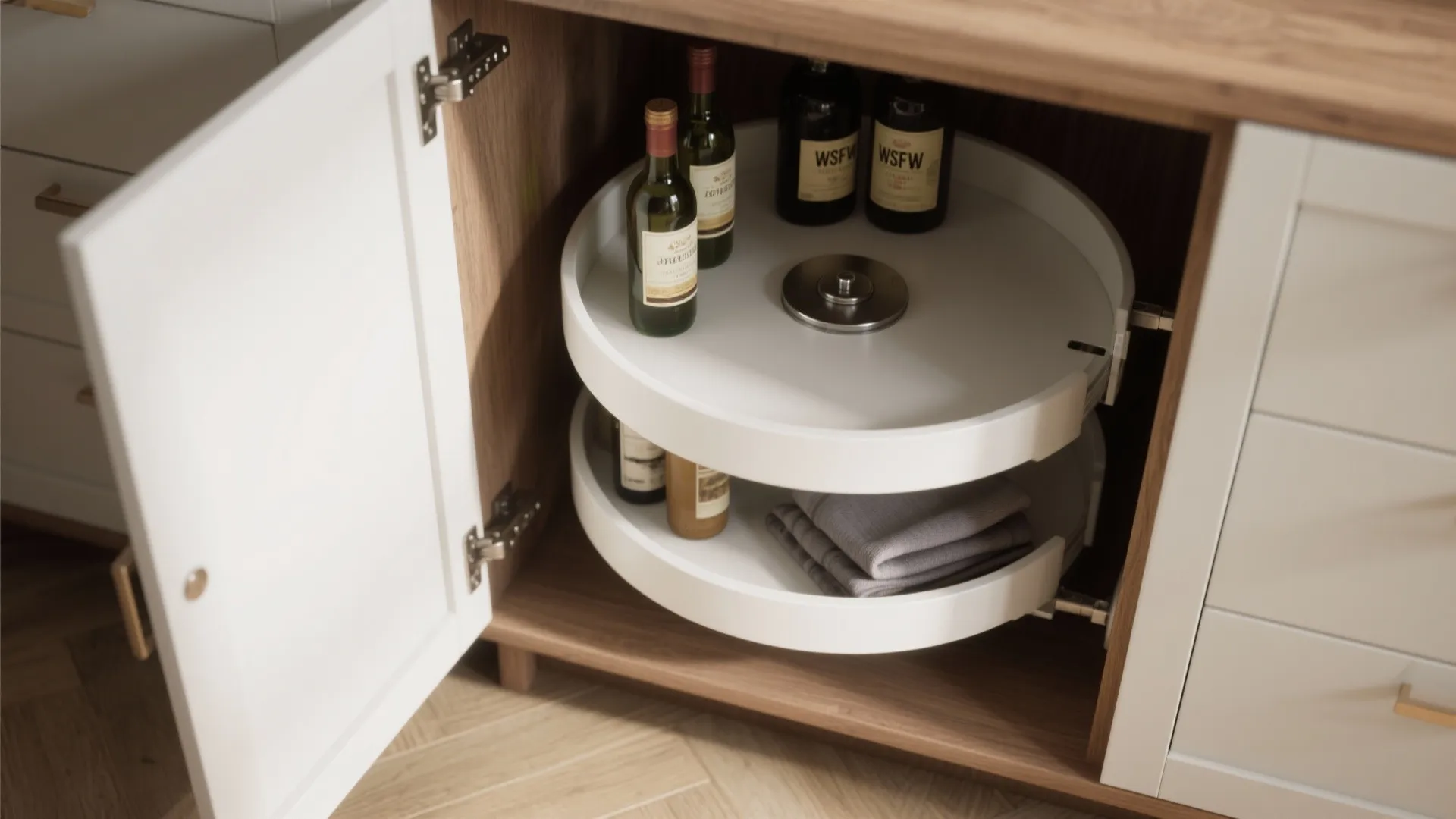 Corner floor cabinet with rotating shelves