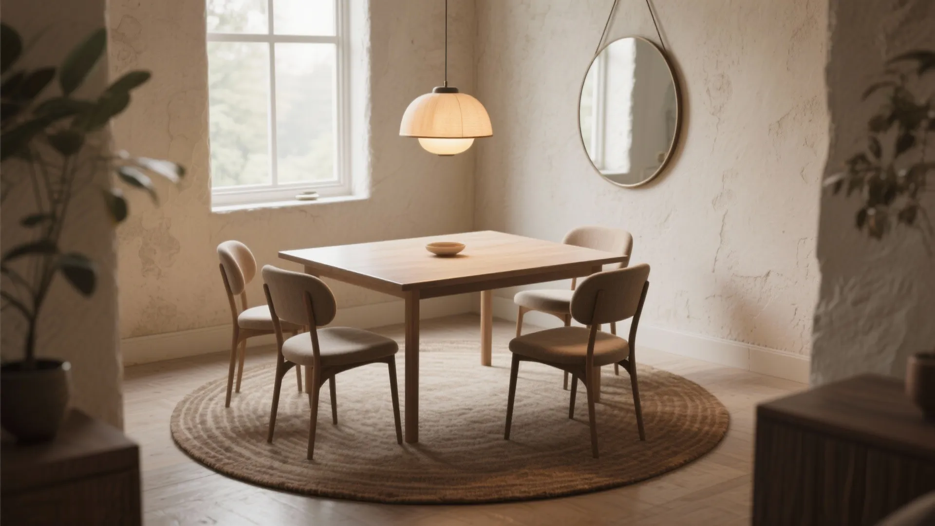 Minimalist dining area with square wooden table four chairs round rug ceiling light and wall mirror