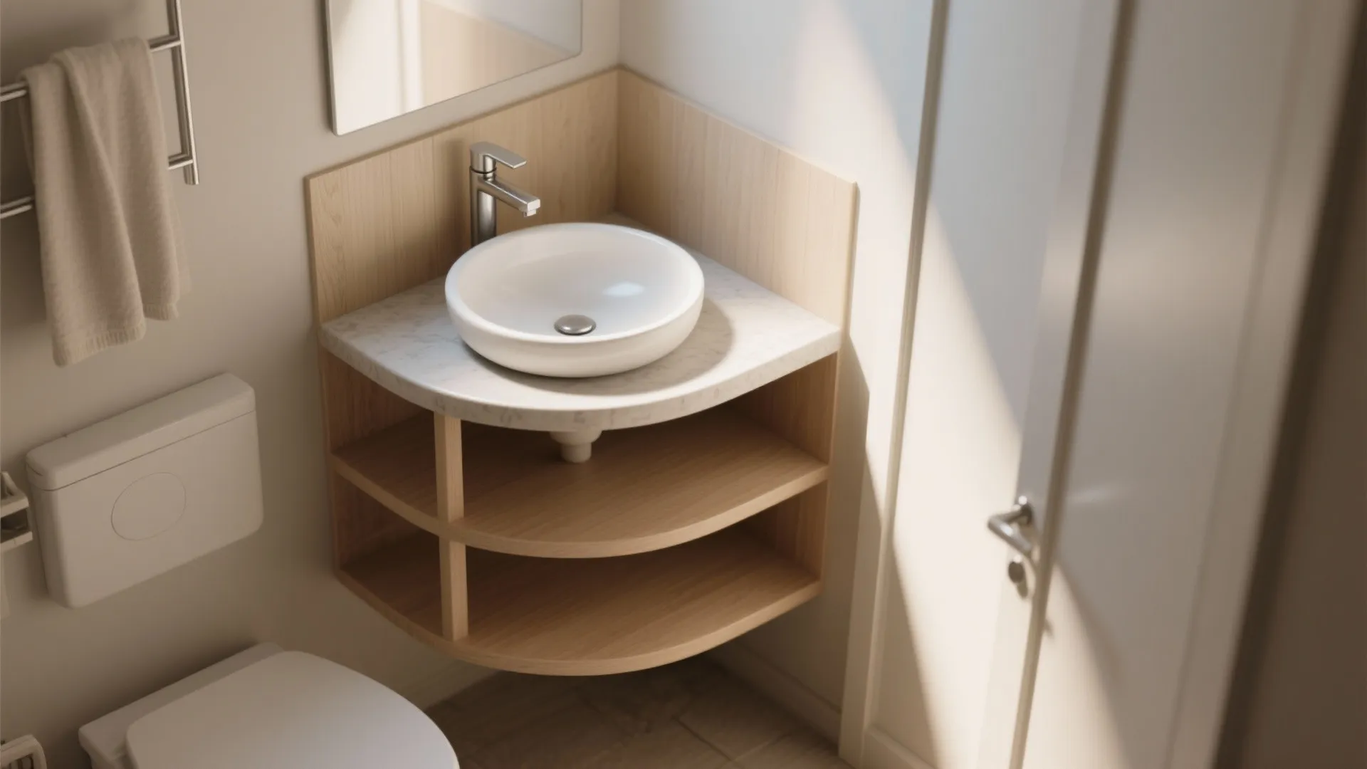 Modern bathroom corner with white round sink on marble counter and wooden open storage shelves