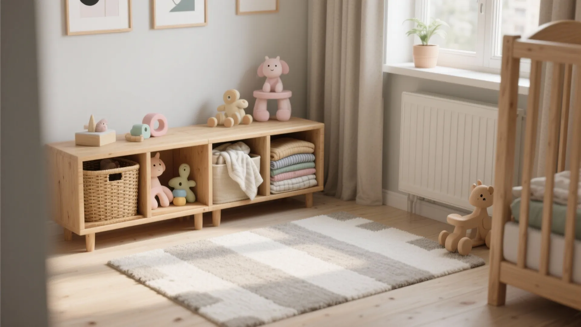 Wooden toy storage cabinet with colorful blankets and striped rug in a sunny nursery room