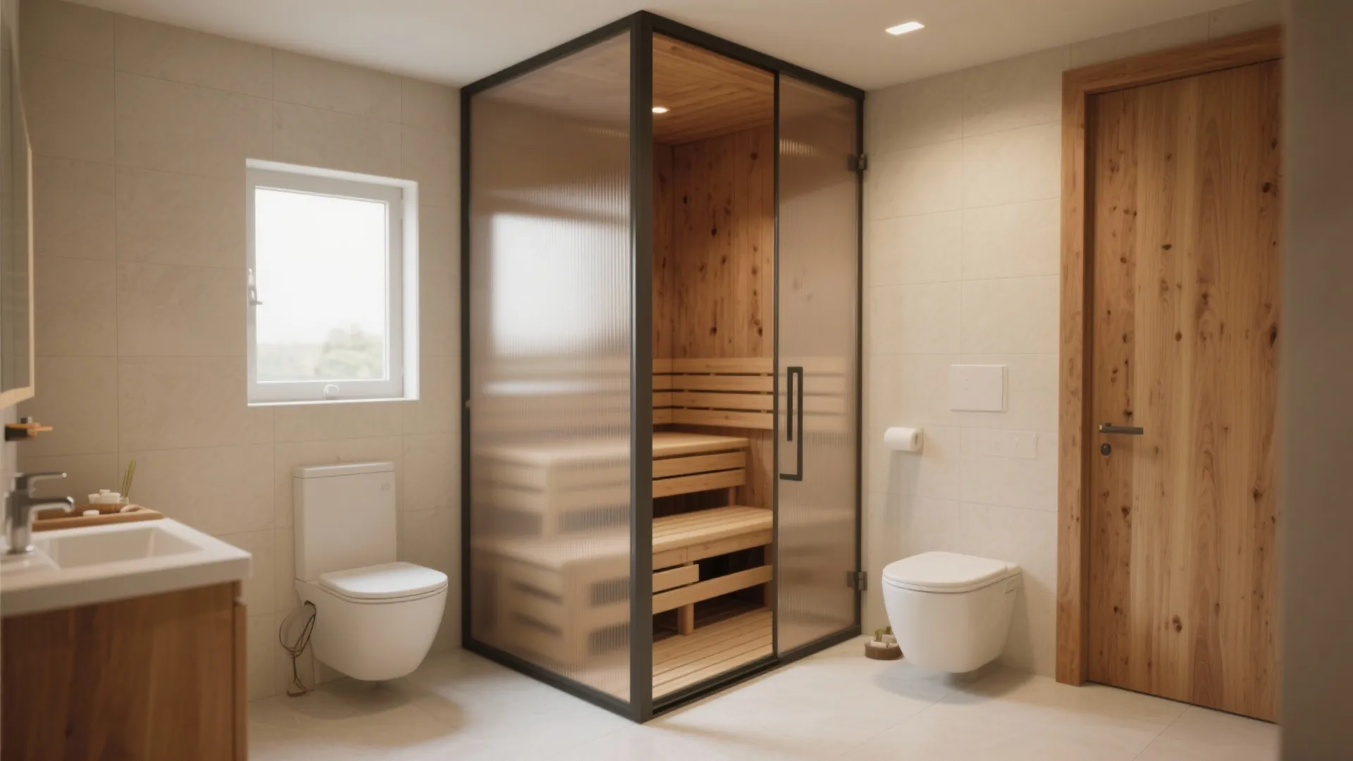 Corner-installed compact sauna with frosted glass panel