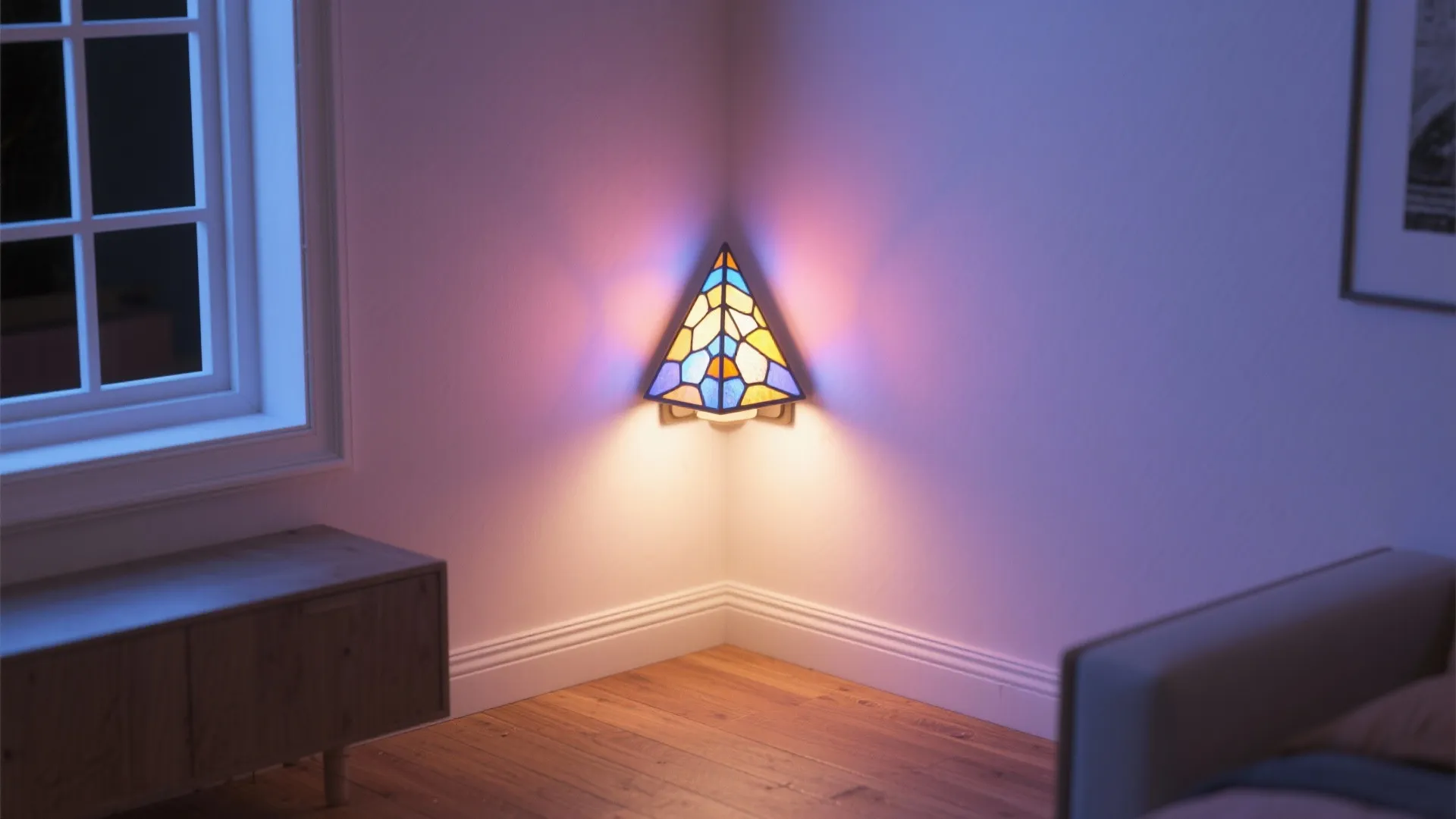 Triangular stained glass corner sconce providing ambient light in a compact room corner