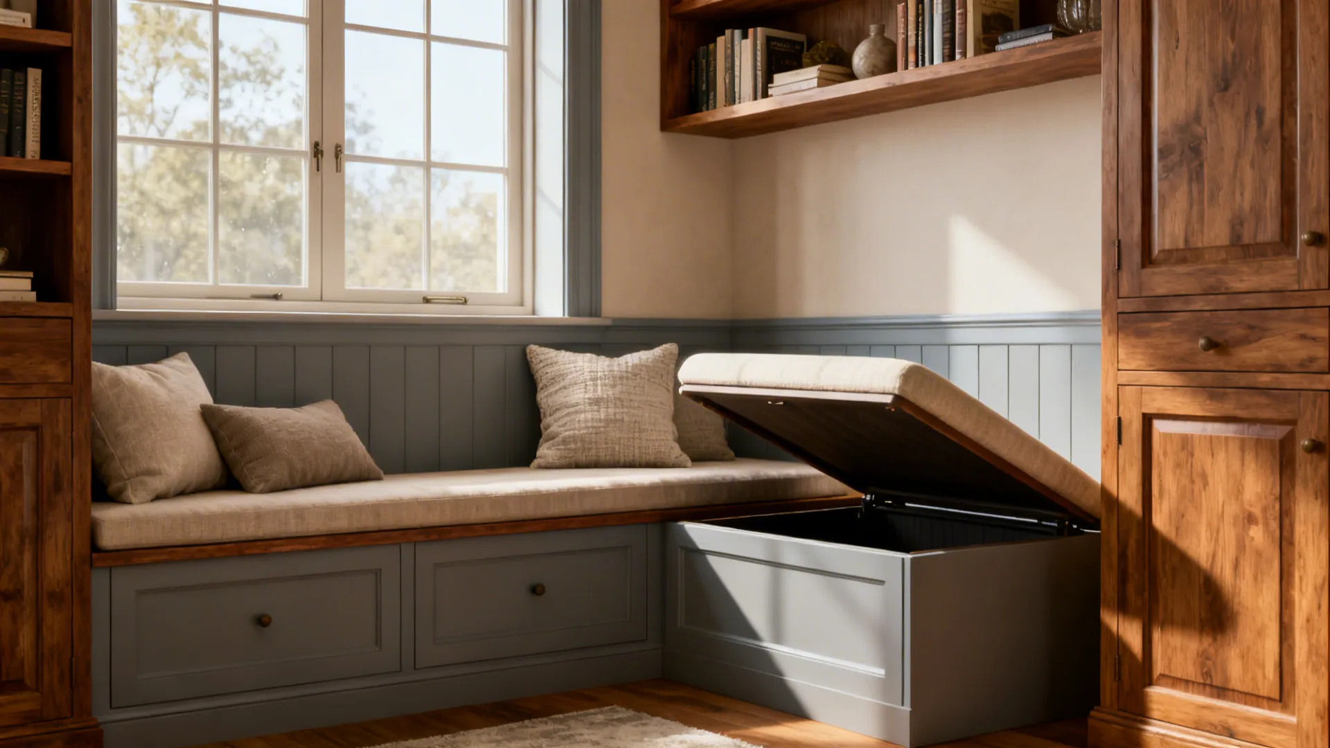 Corner built-in with integrated bench seat and lift-up storage beneath cushions, flanked by shelving.