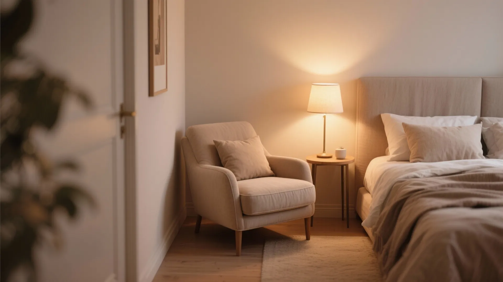 Cozy bedroom corner featuring a beige armchair, small wooden side table, and warm bedside lamp
