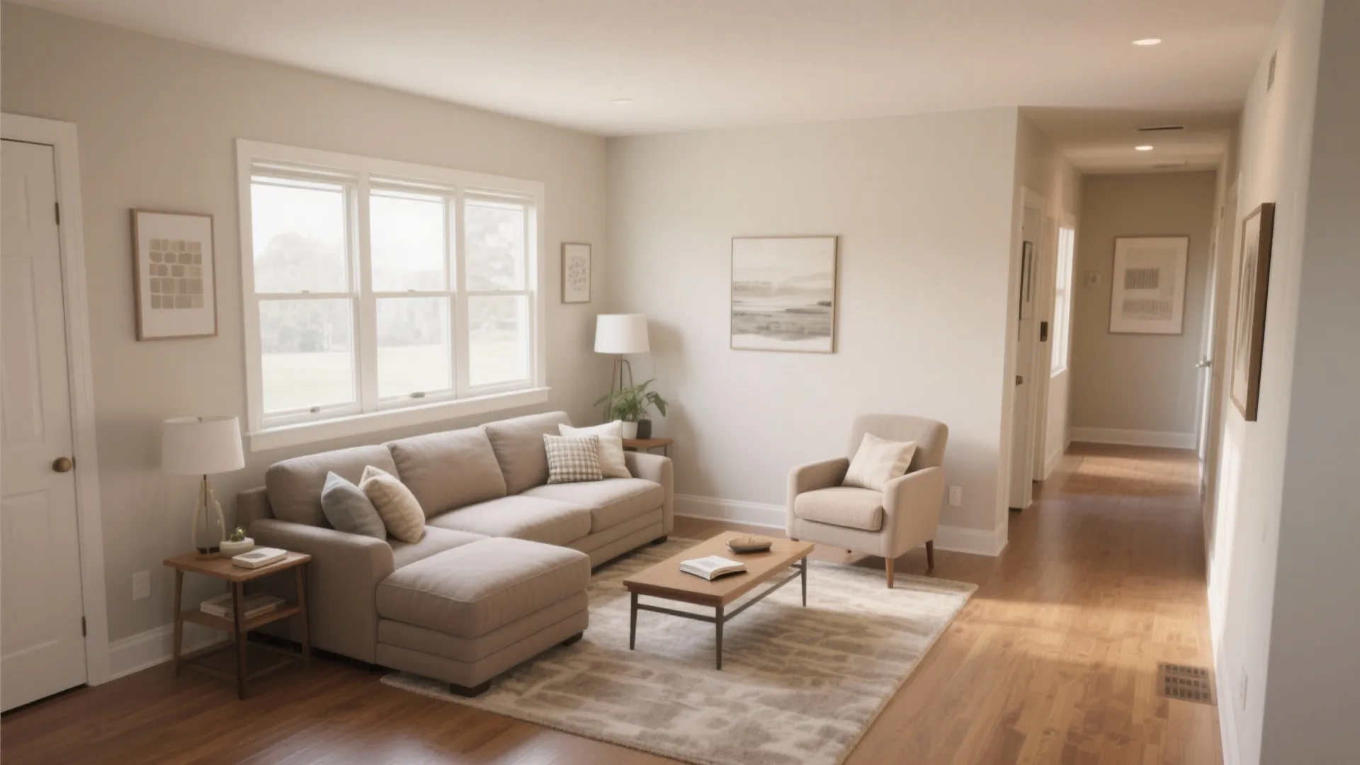 Bright living room with beige sectional sofa, wooden coffee table, armchair, rug, and long hallway