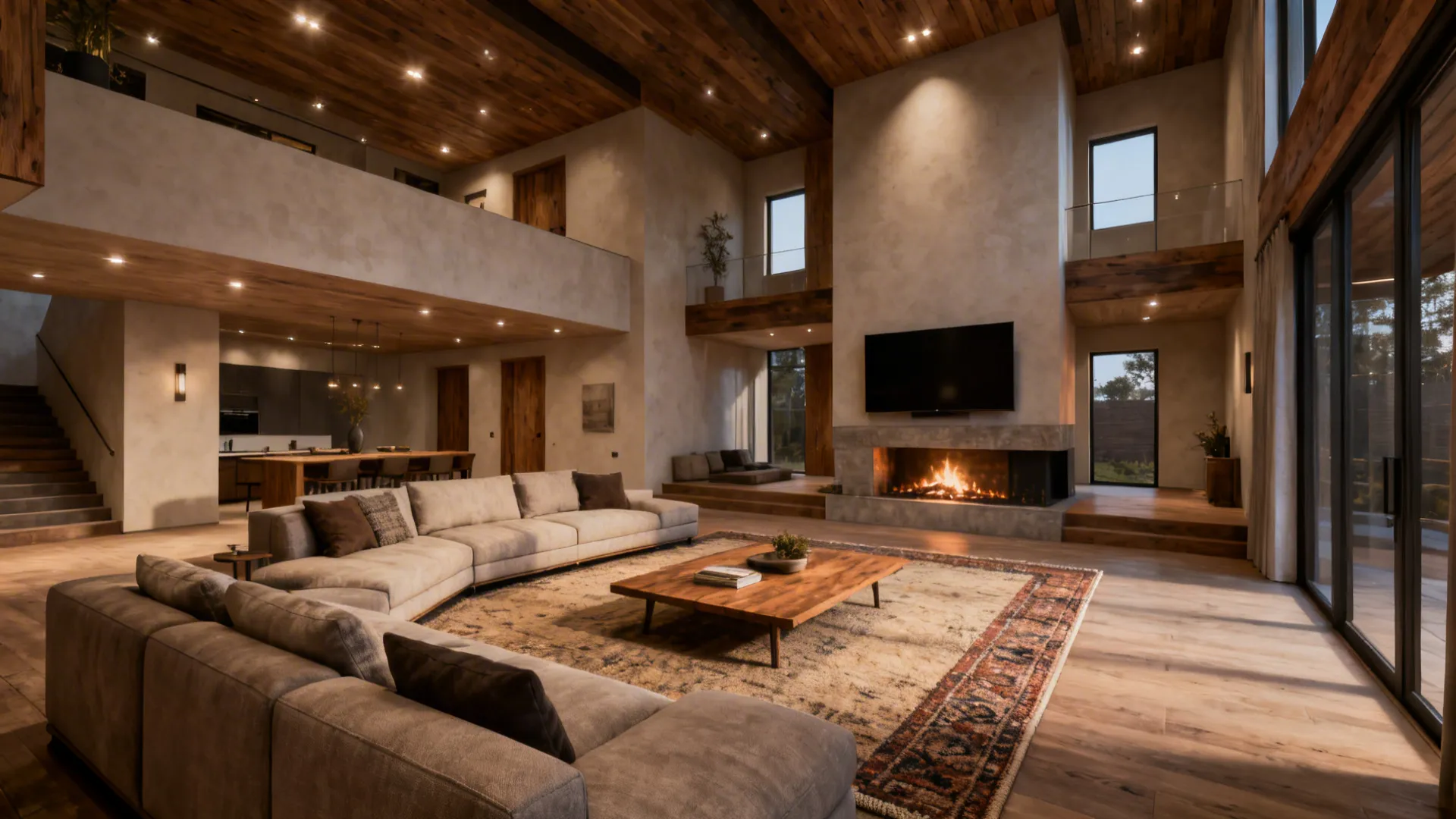 Spacious living room with wood ceiling grey sofa fireplace rug and a wood coffee table