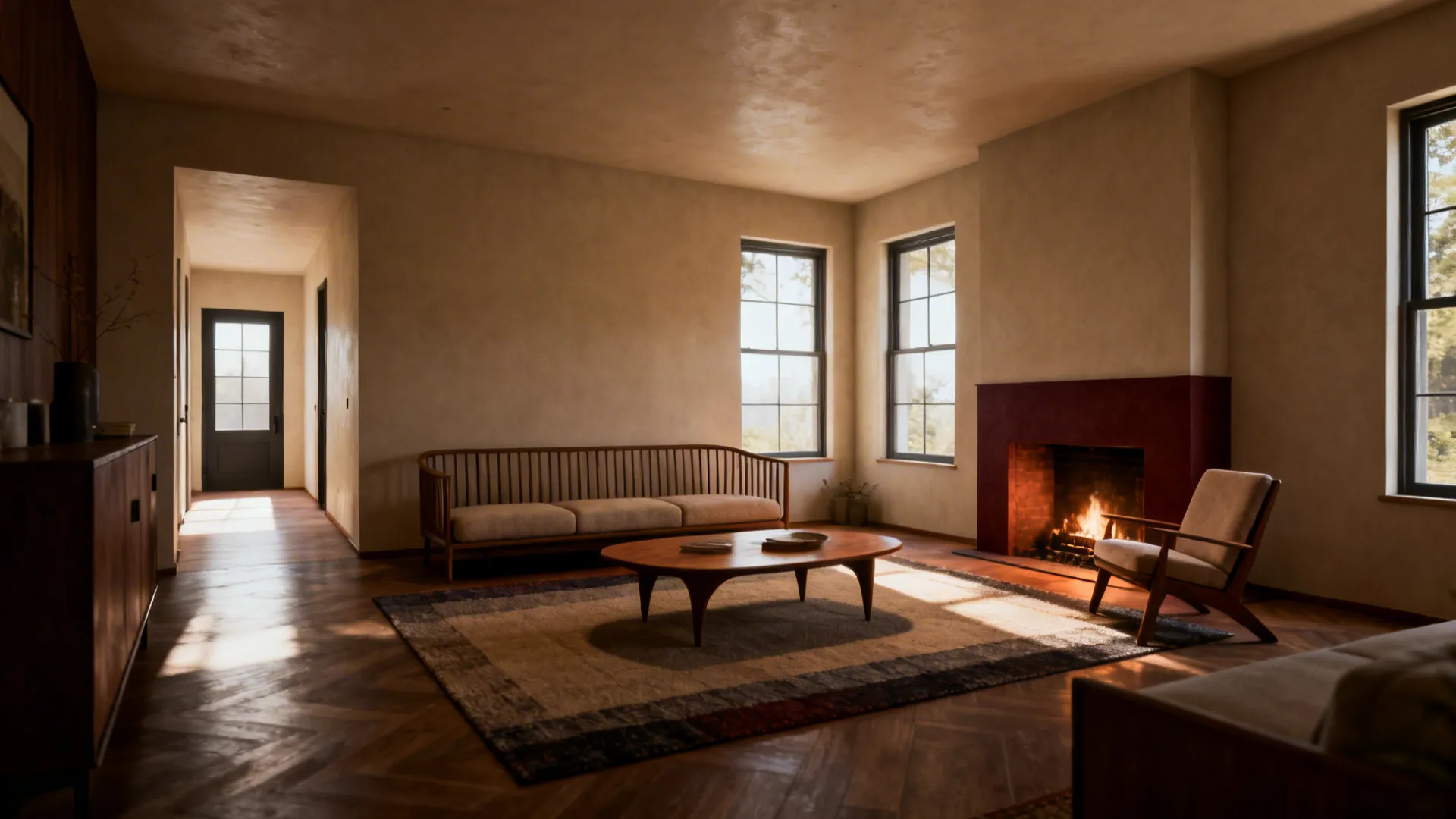Living room with wood sofa, coffee table, rug, fireplace, armchair, and windows with natural light