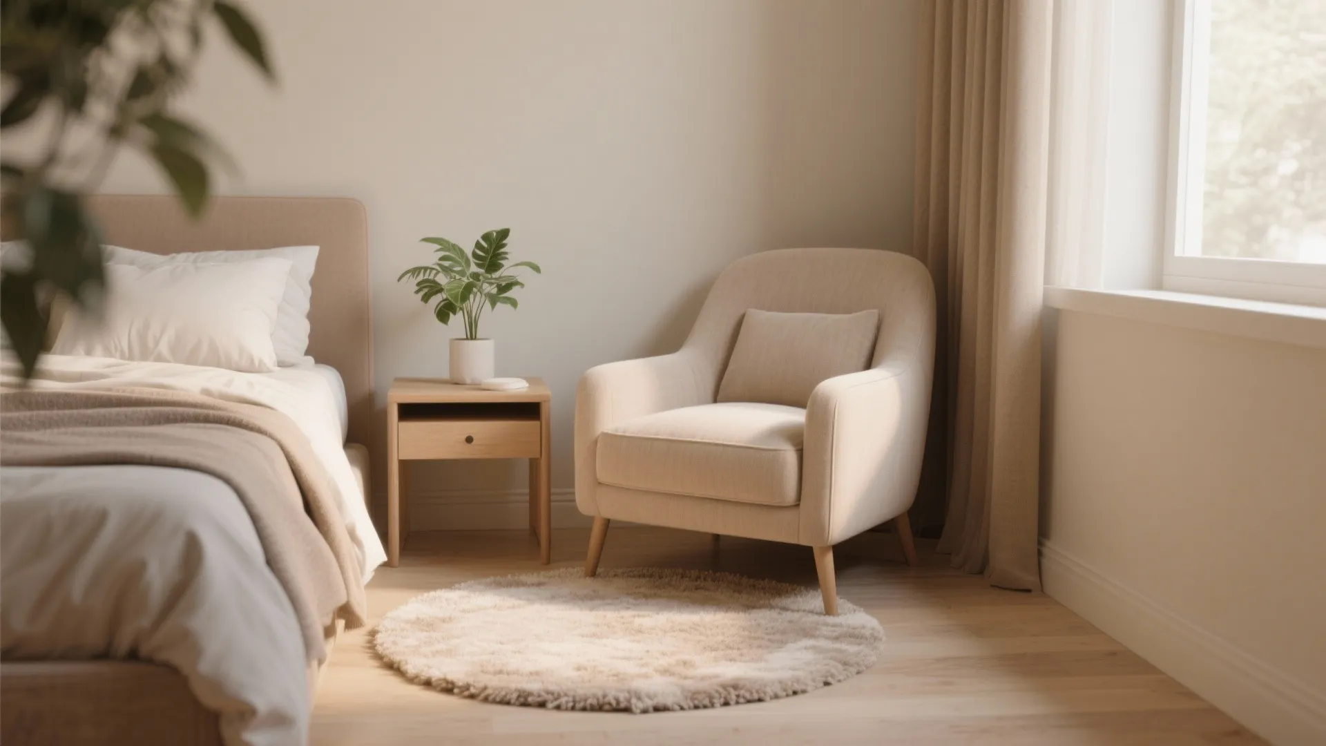 Cozy bedroom corner featuring a beige chair, small wooden table, green plant, and round rug