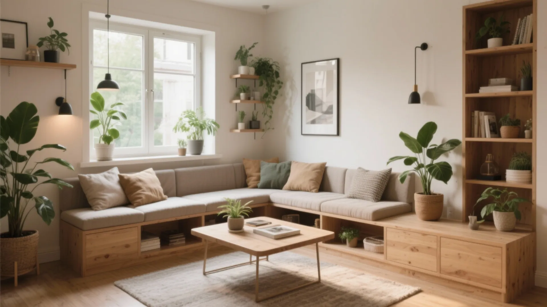 Corner seating area with built-in wooden storage grey cushions pillows indoor plants and a window