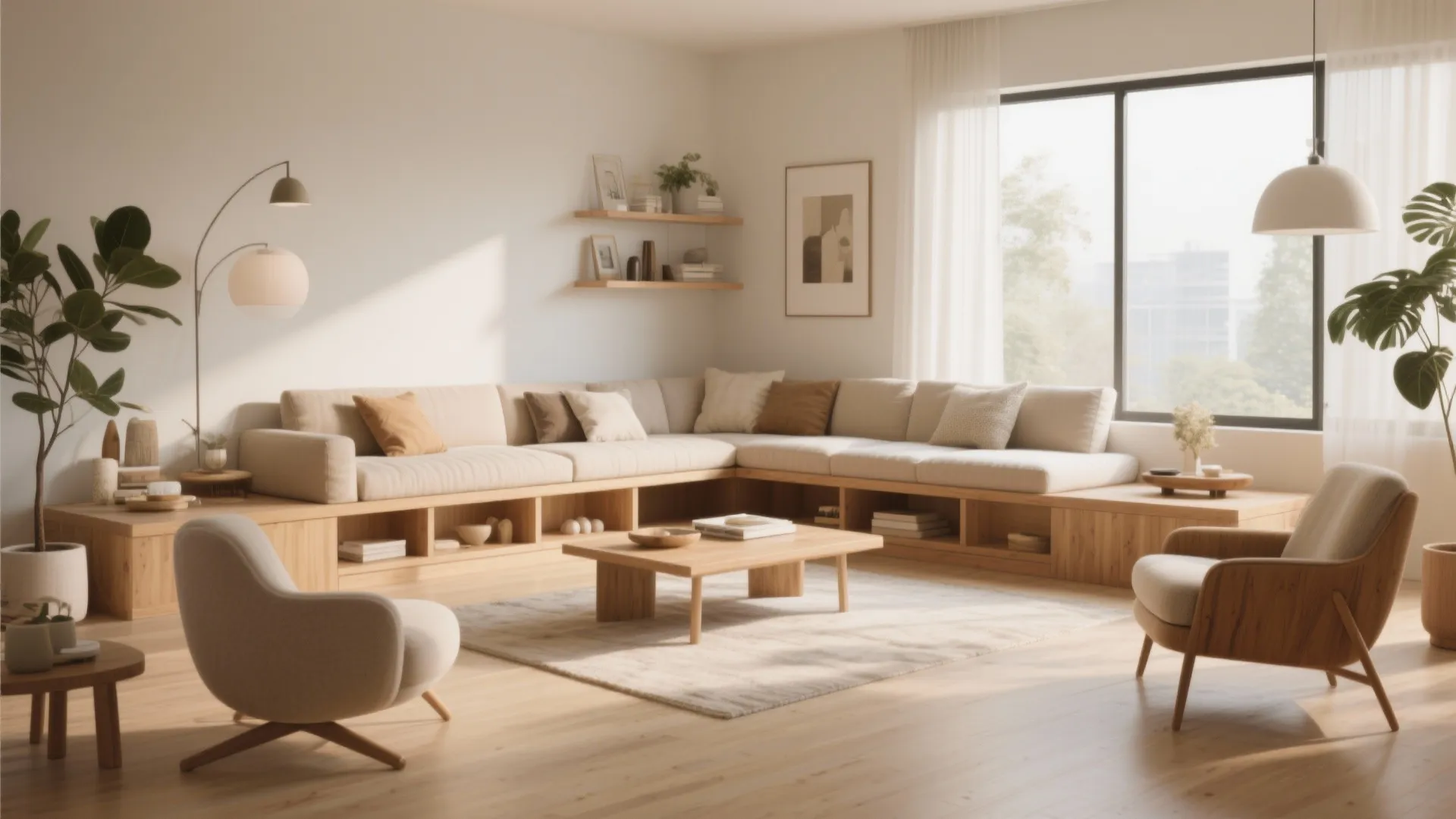 Minimalist living room with wooden corner sofa low table two armchairs and large bright windows