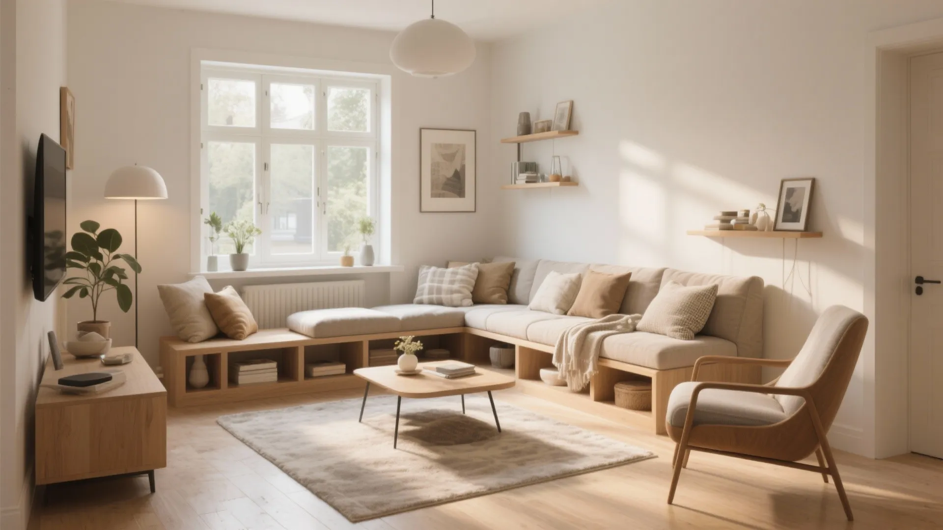 Modern minimalist living room featuring a large beige corner sofa wooden coffee table and ceiling light