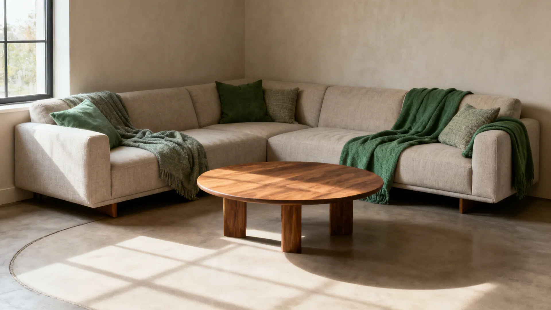 L-shaped corner sofa with a round coffee table freeing central floor space.