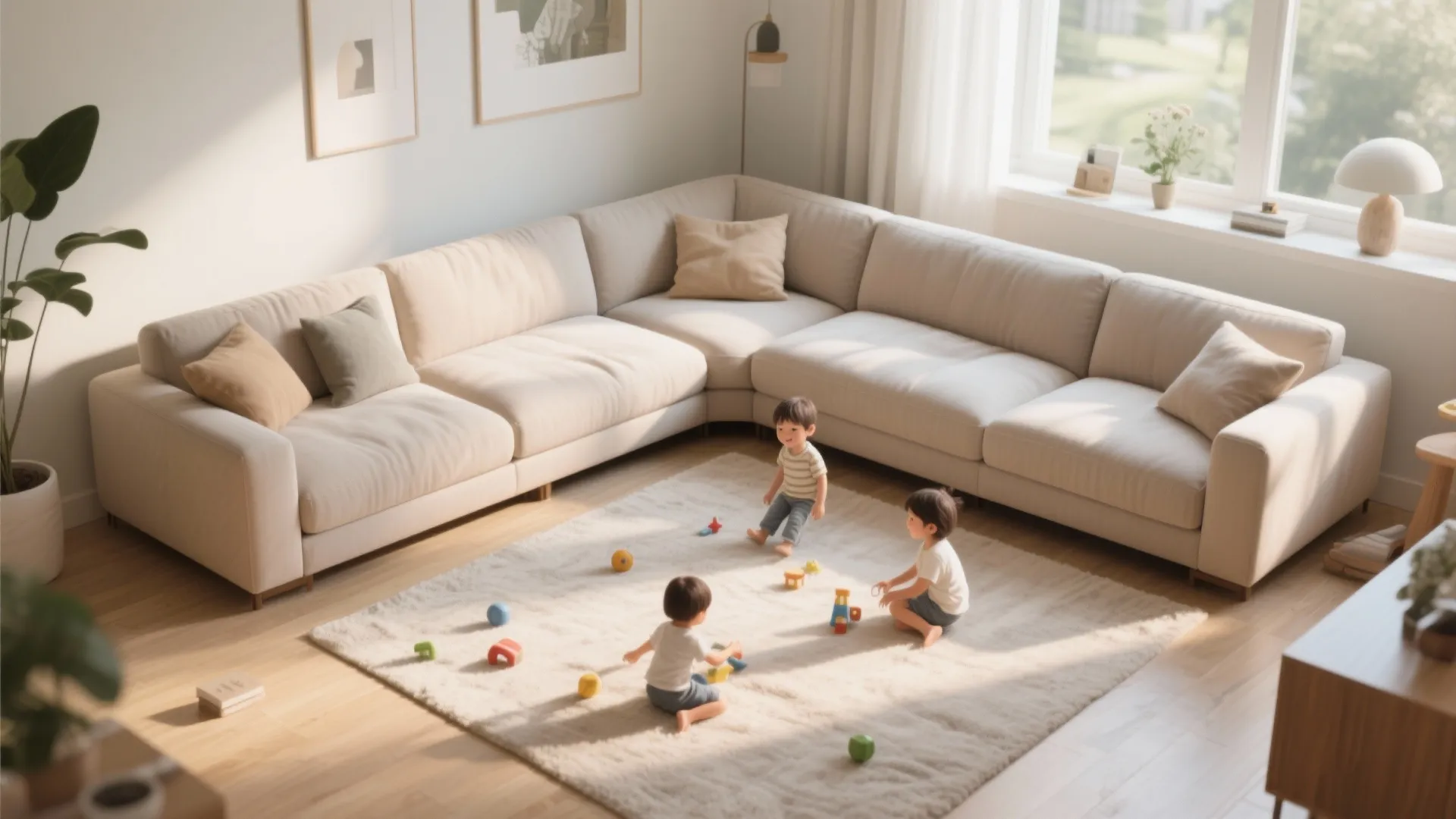 Three children playing with colorful toys on a white rug near a large cream sofa