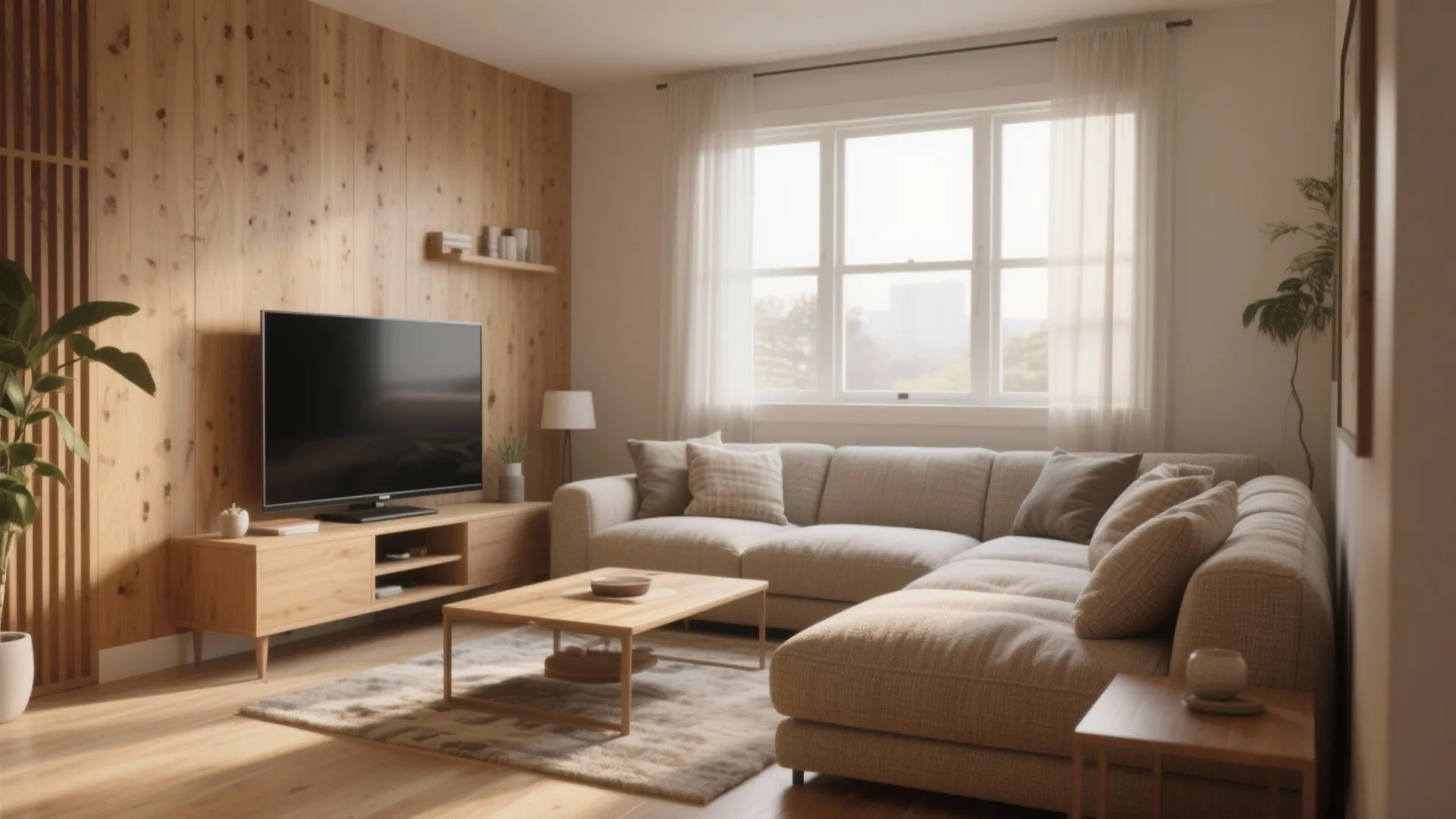 Cozy L-shaped sectional in the corner of a living room