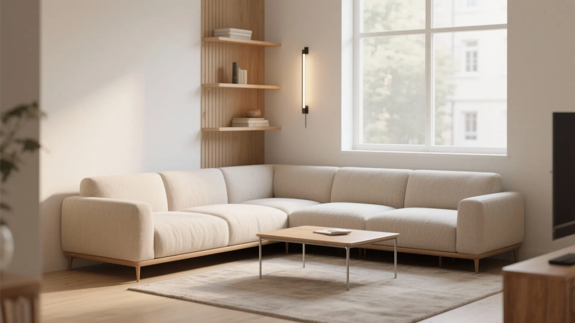 Beige corner sofa with wooden coffee table on rug in bright room with wall light